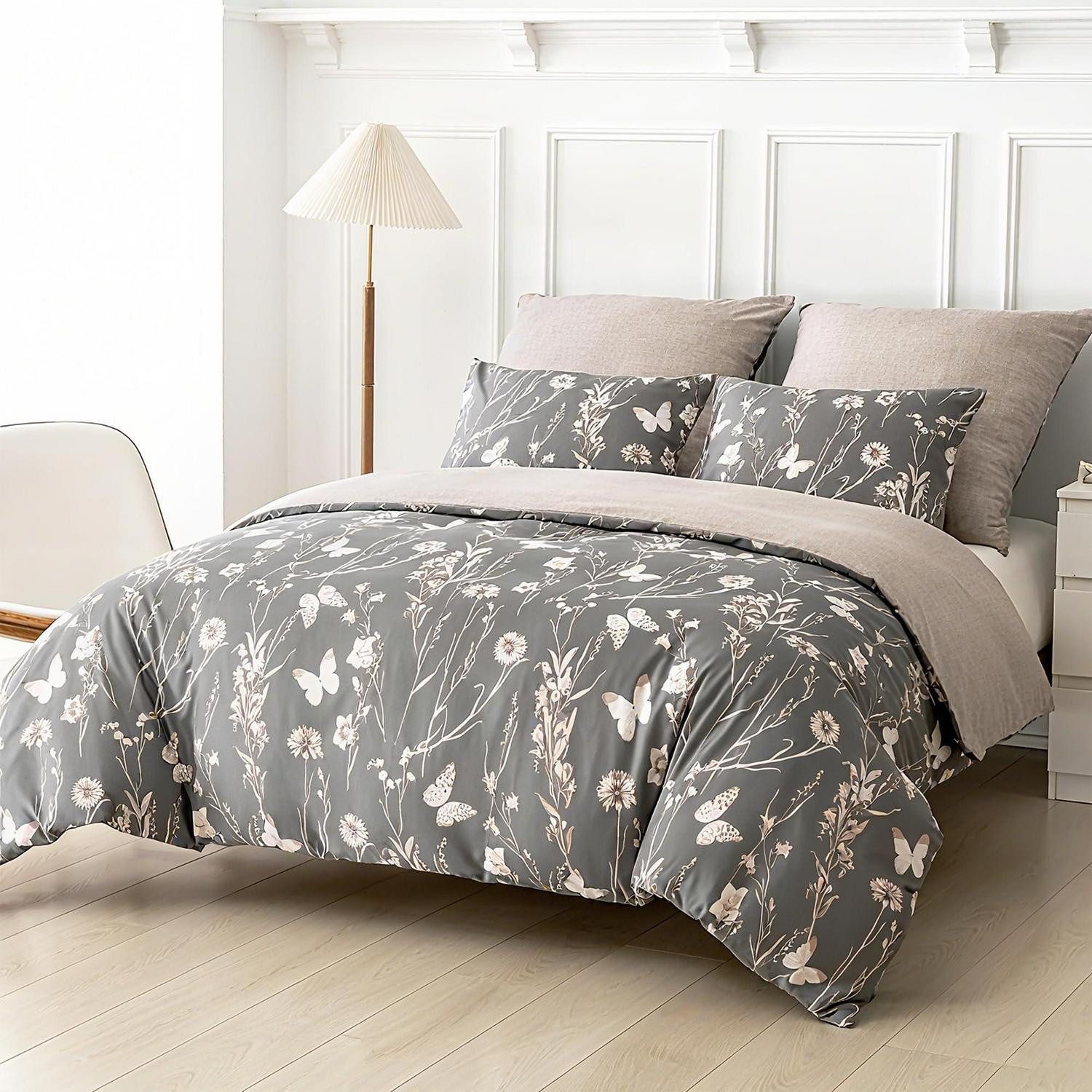 LuxusKollektion Bettwäsche Bettwäsche 135x200 Blätter Grau Mikrofaser