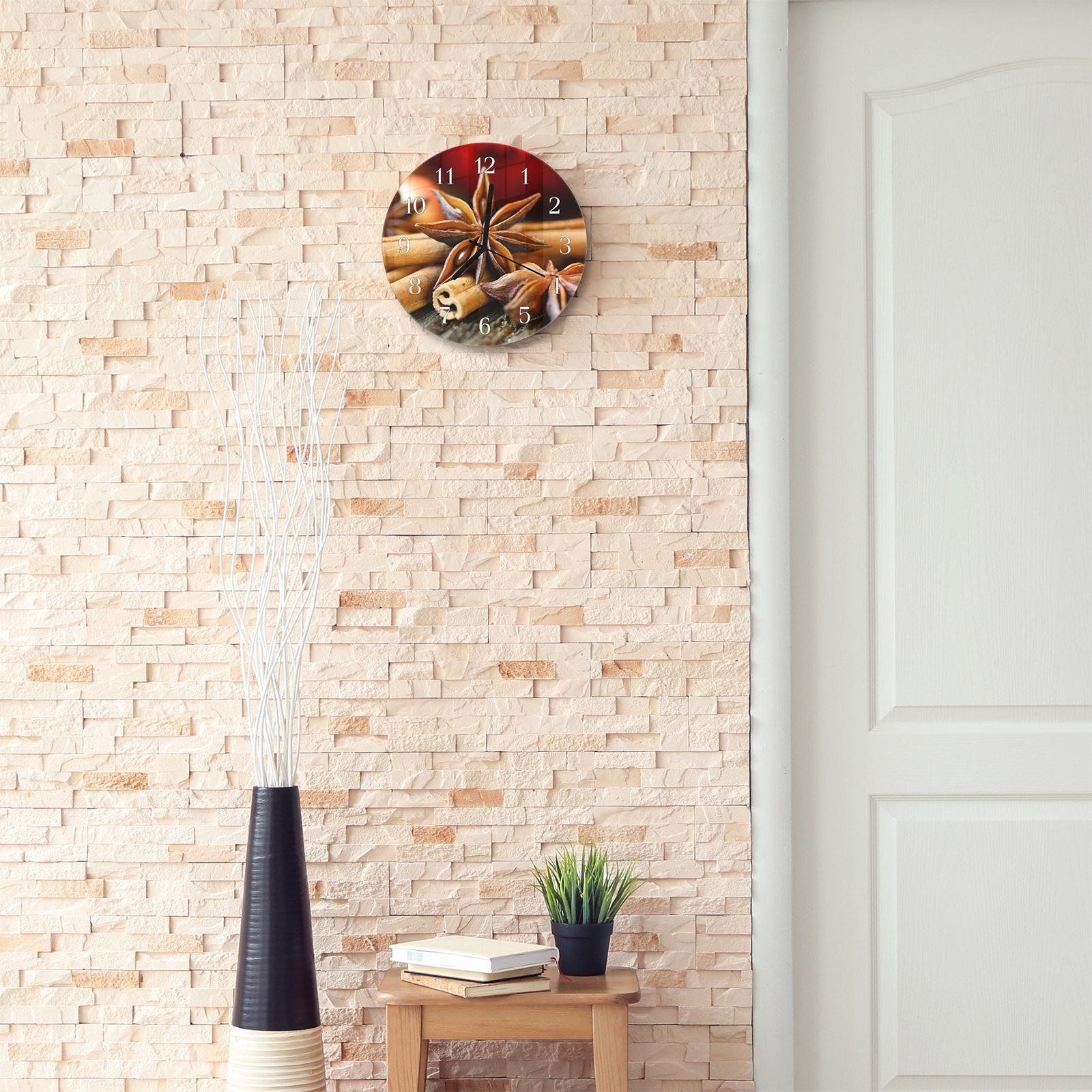 Quarzuhrwerk Primedeco mit Wanduhr Motiv Wanduhr aus cm und Rund mit Weihnachtsgewürze 30 - Durchmesser Glas