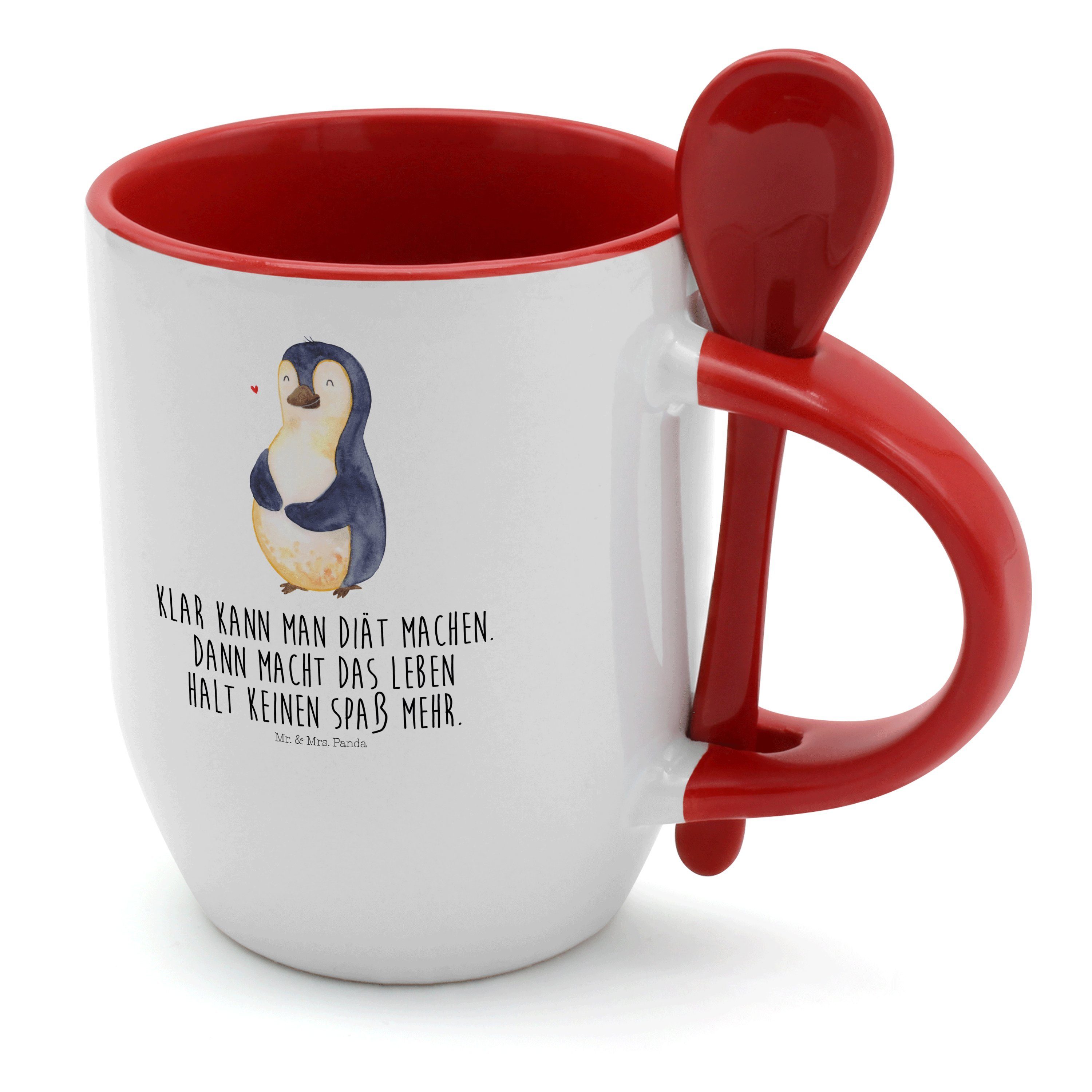 Mr. & Mrs. Panda Tasse Pinguin Diät - Weiß - Geschenk, Selbstrespekt, glücklich, Abspecken, Keramik