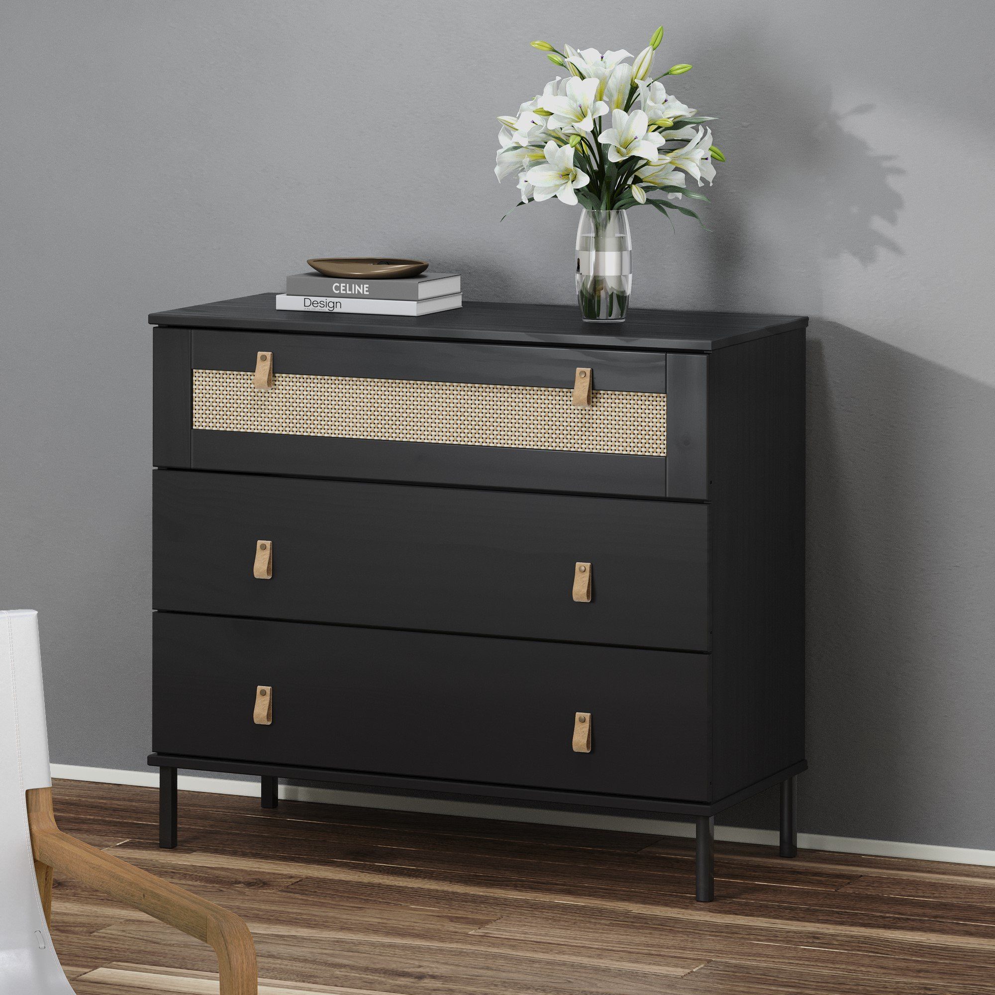 Woodroom Sideboard Valenica, Kiefer 90x80x40 cm schwarz massiv lackiert, BxHXT