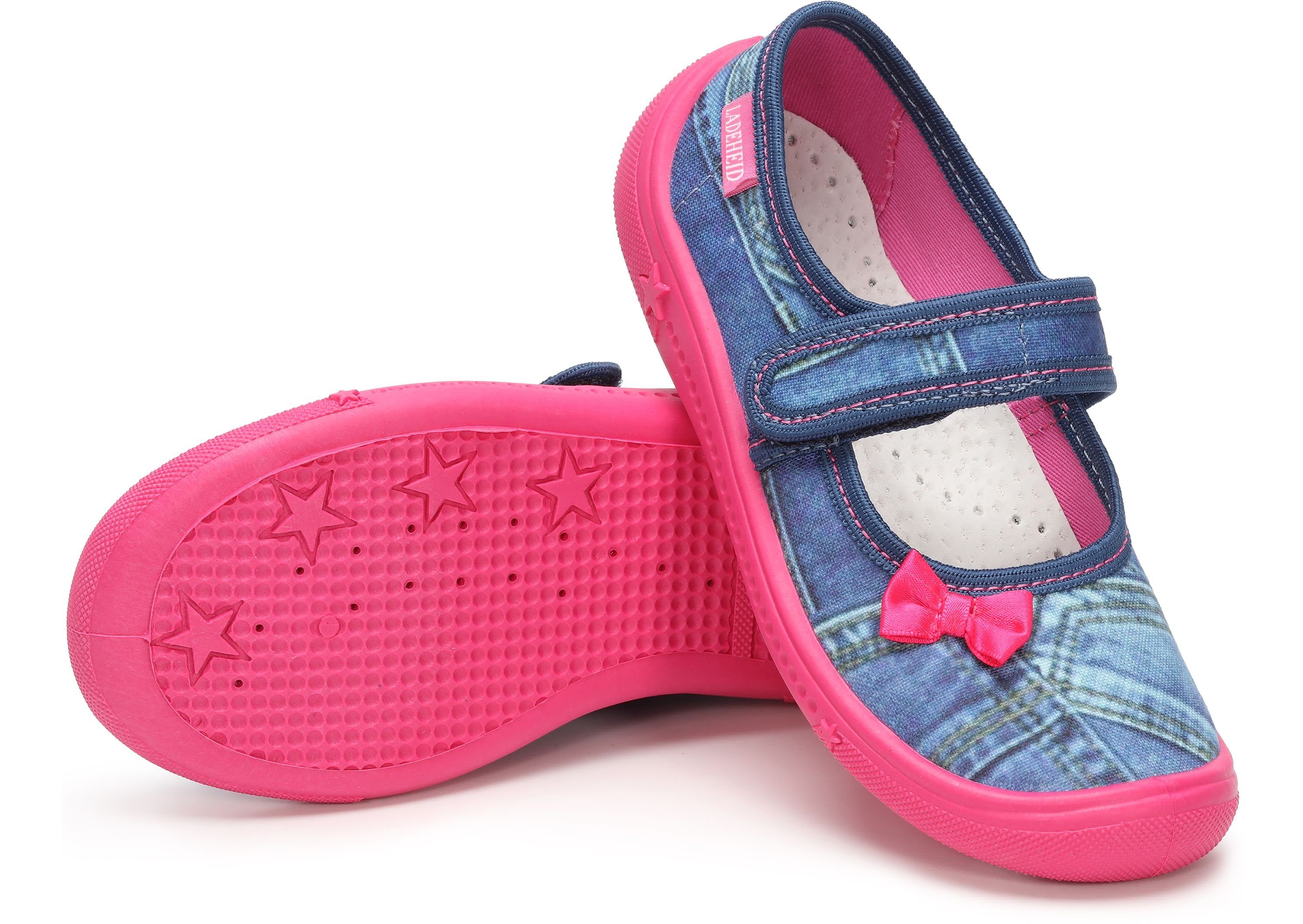 Kinder Hausschuhe Hausschuh mit LAVI0004 Jeans Klettverschluss Rosa Mädchen Ladeheid