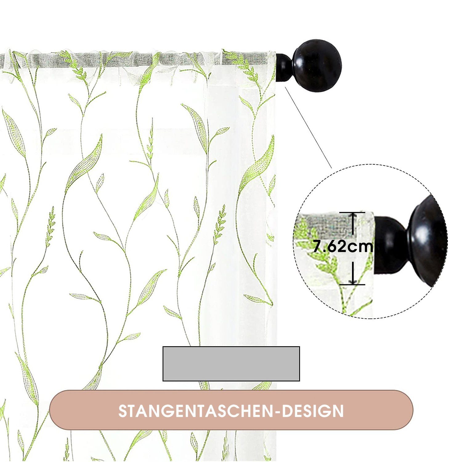 (2 Grün Gardine, HOMEIDEAS, blätte-Stickerei Stangendurchzug Polyester, halbtransparent, St),