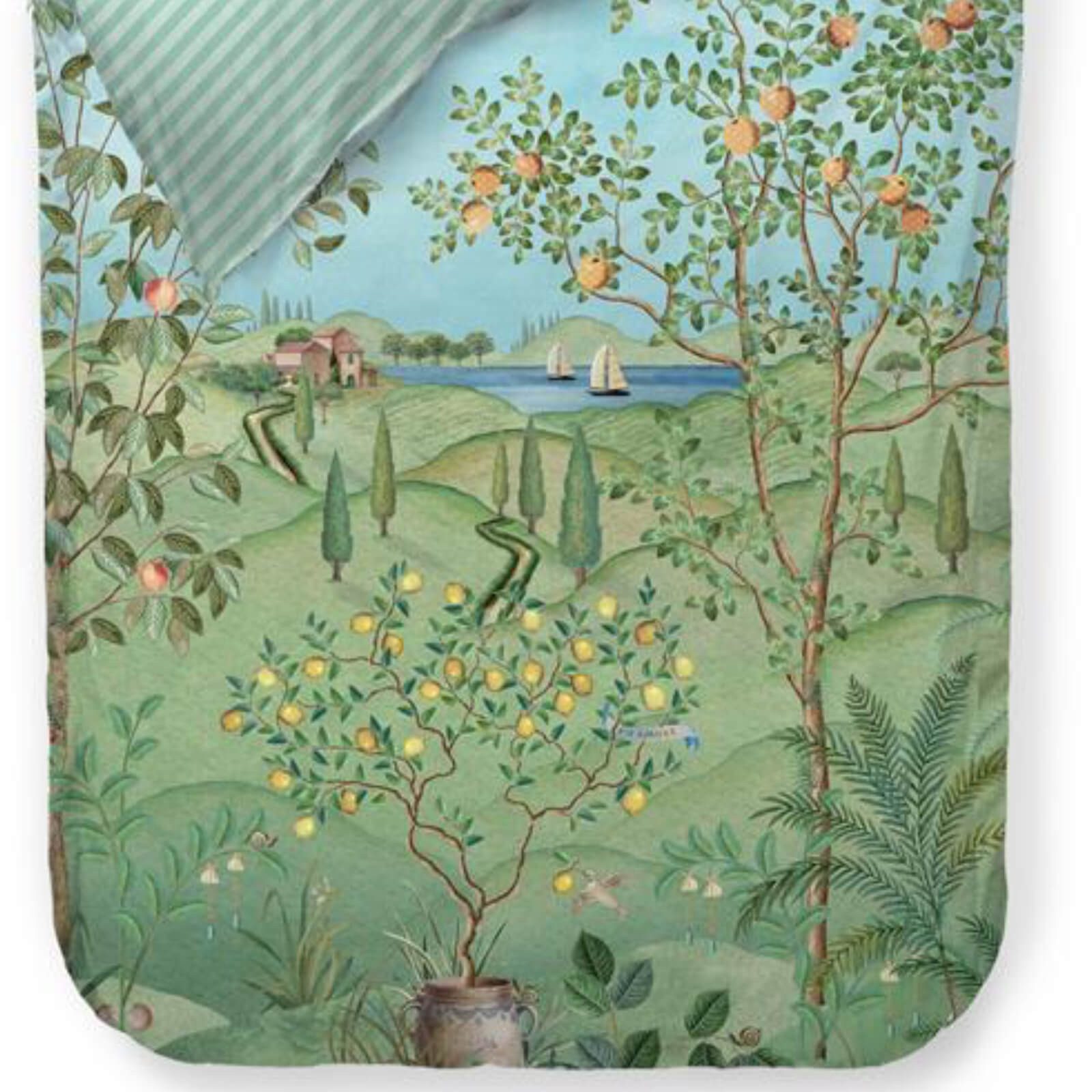 PiP Studio Bettwäsche La Campagna Grün, Perkal, 3 teilig, Obstbäumchen, Zypressen, See, Mediterran