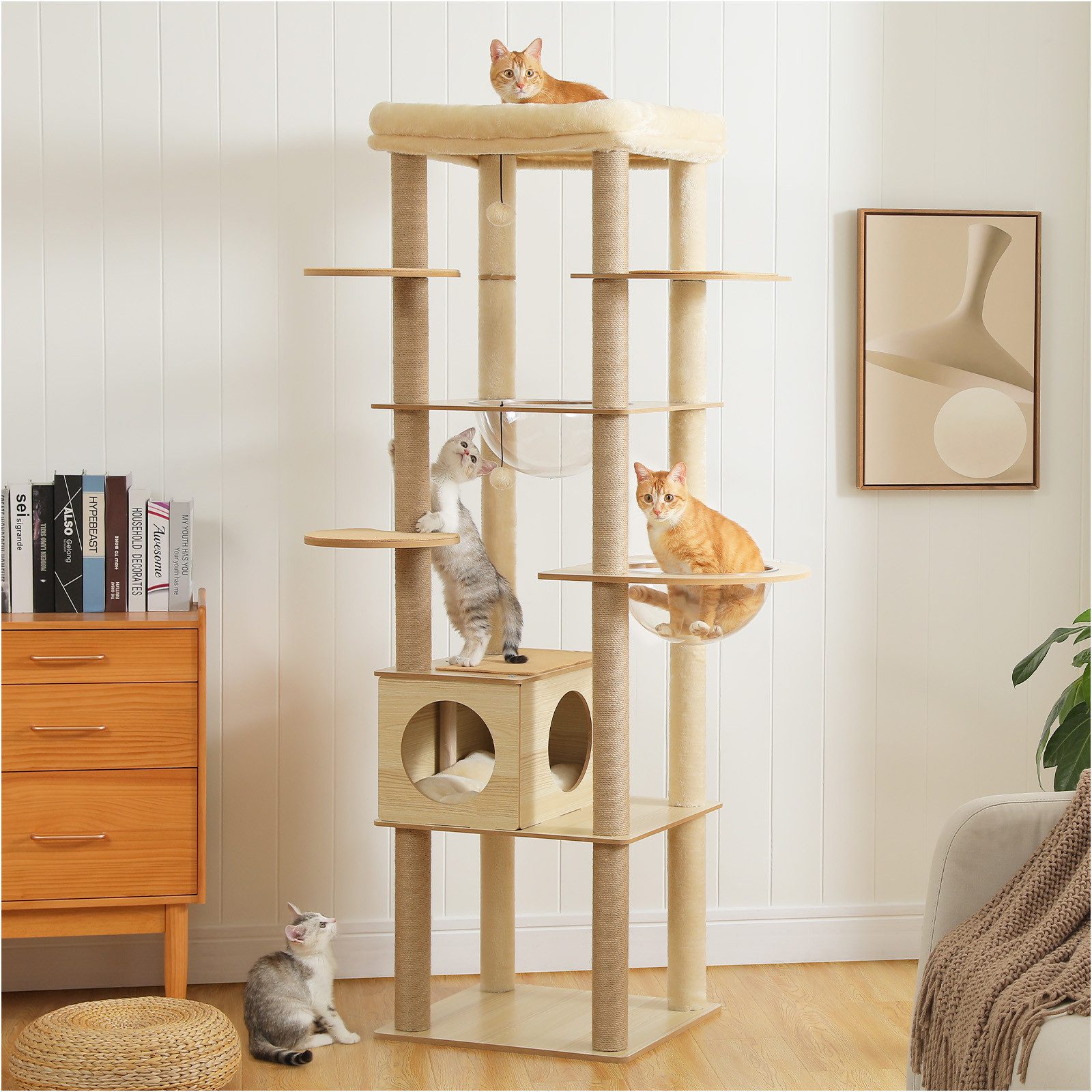 PETEPELA Kratzbaum Kratzbaum für große Katzen 181 cm Holz Katzenbaum mit großer Höhle, mit große Hängematte und mehr Kratzsäule, Beige