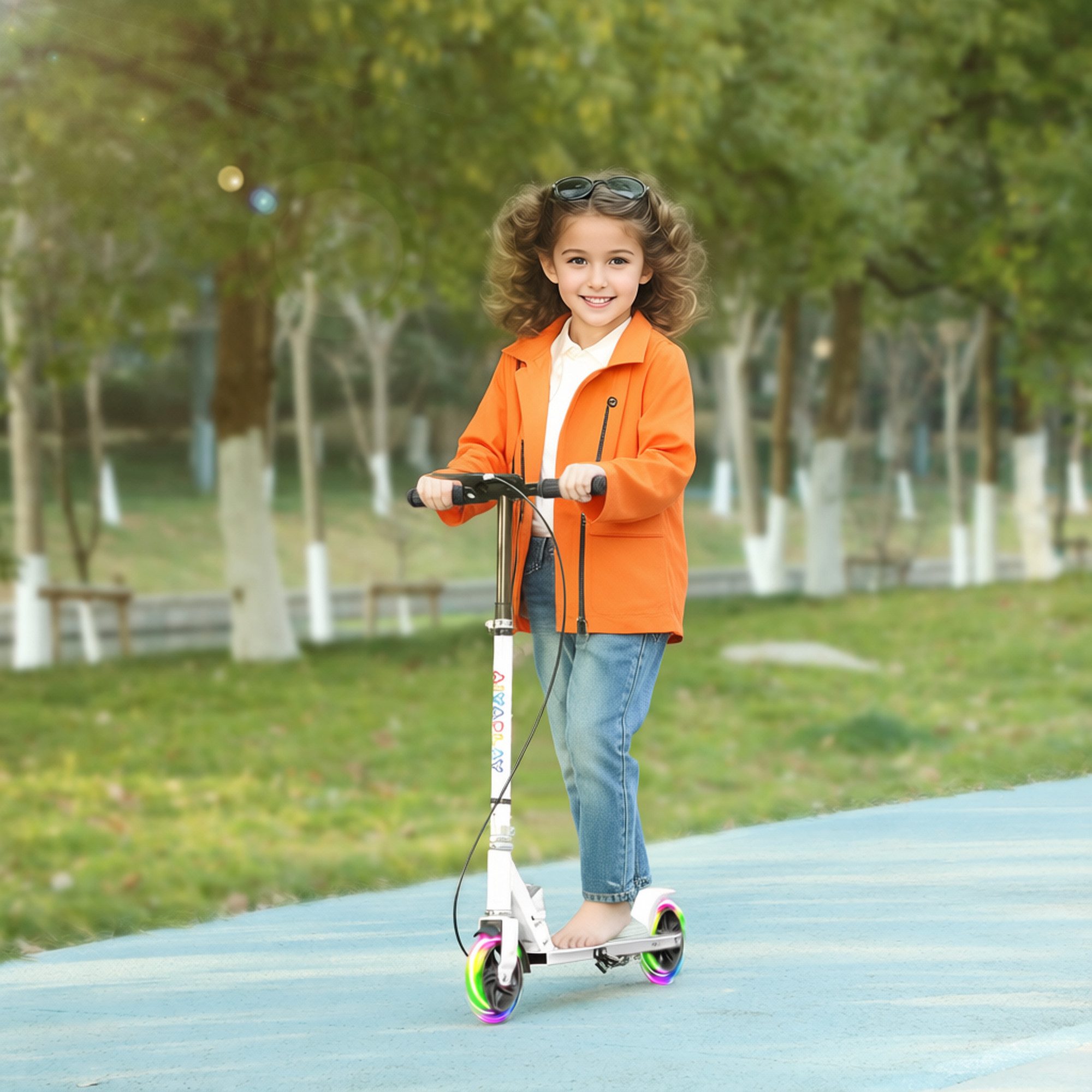 AIYAPLAY Cityroller Roller Kinder Scooter mit Leuchtenden Rädern, Bremse, 0 km/h, (klappbarer Kinderroller, 1 tlg., Höhenverstellbarer Tretroller), Faltbar, Höhenverstellbar, Weiß