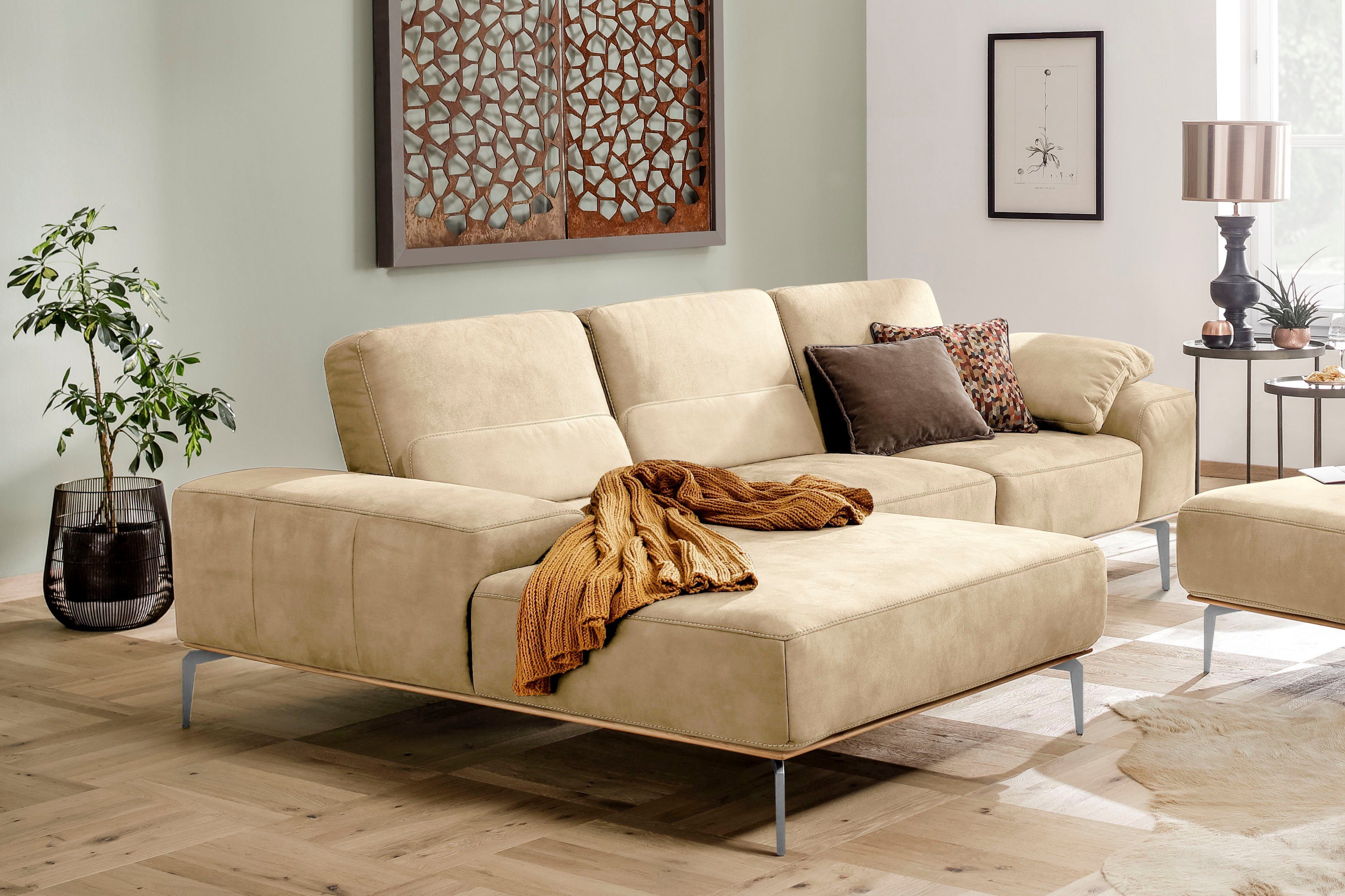 elegantem Chrom Ecksofa Füße cm Holzsockel, W.SCHILLIG in mit glänzend, run, 279 Breite