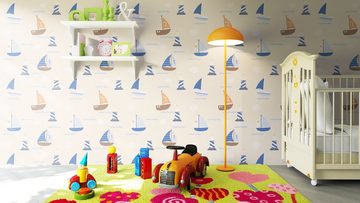 Newroom Papiertapete, Beige Kindertapete Kinder Schiffe - Babytapete Babyzimmer Blau Braun Niedlich Meer Leuchtturm für Büro Diele/Flur Schlafen