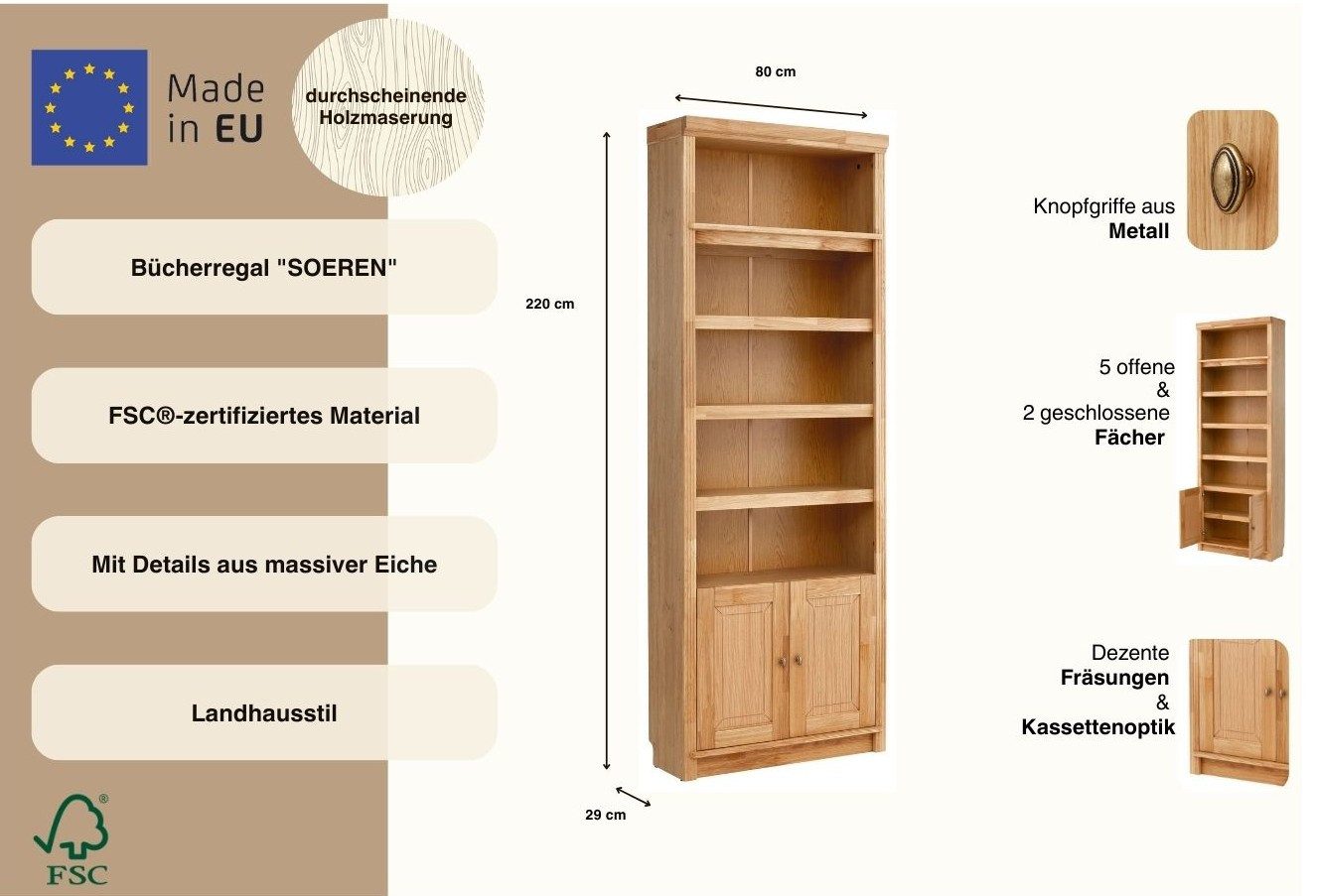 OTTO home Bücherregal Soeren Eiche Regal B/T/H: 80/29/220 cm mit 2 Türen, mit Eiche-Elementen, FSC®-zertifiziert, insgesamt 7 Fächer