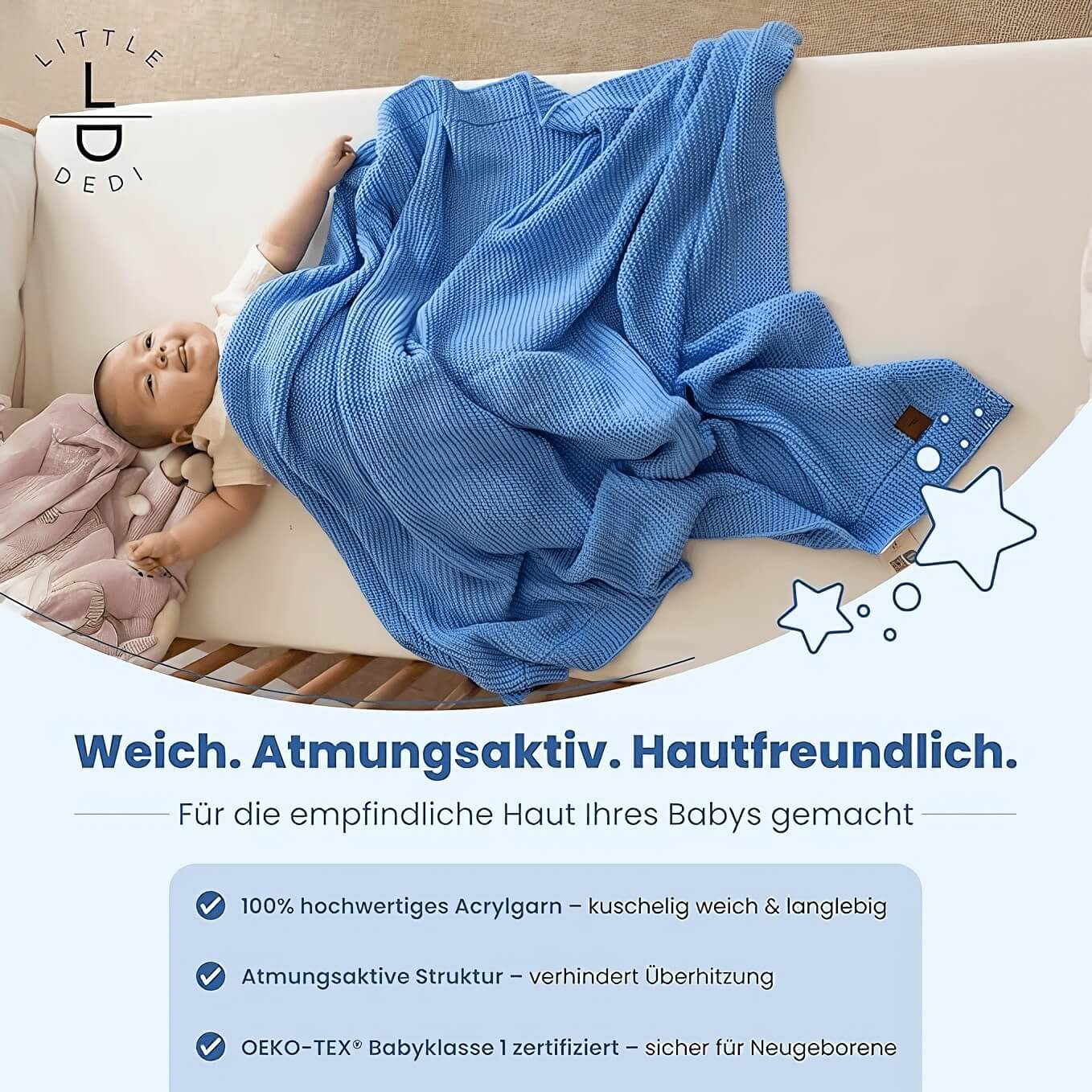 Babydecke Baby Strickdecke, Babydecke, Weich & Atmungsaktiv, 80x100cm, Blau, Little Dedi