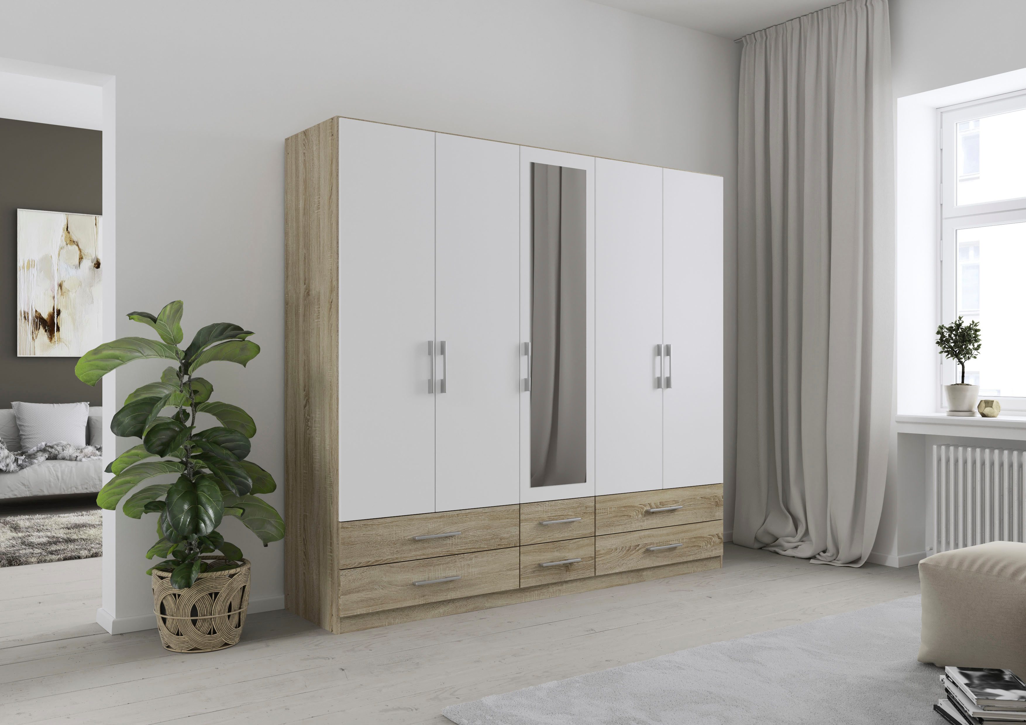 rauch Kleiderschrank Schrank Garderobe Wäscheschrank HERSBRUCK in 2 Breiten (Breiten: 226 oder 271 cm, Höhe 210 cm) mit 6 großzügigen Schubladen sowie Spiegeltüren MADE IN GERMANY