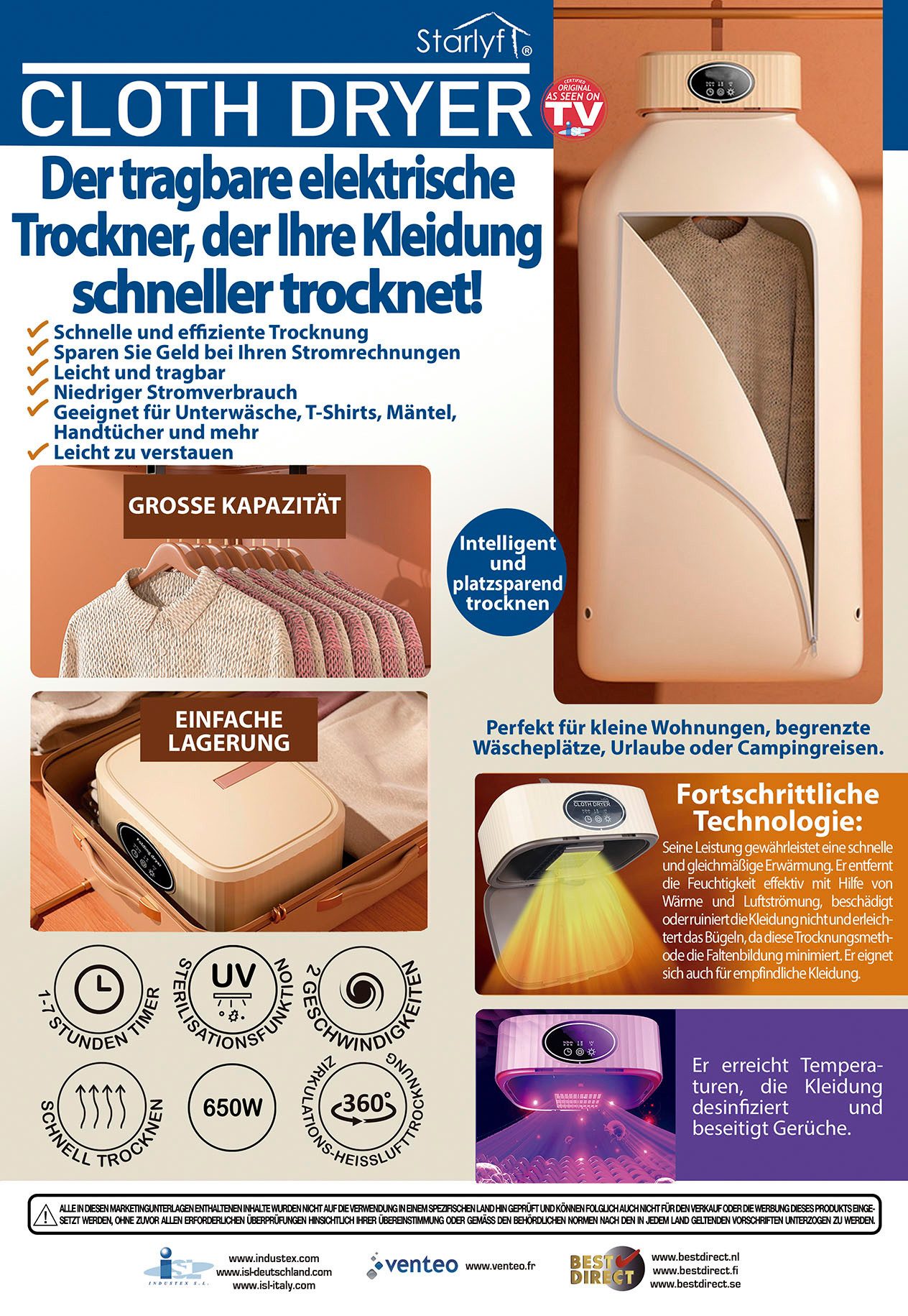 Starlyf Elektrischer Wäschetrockner Cloth Dryer, Trockner elektrisch, klappbar, klein und schmal zum Anhängen