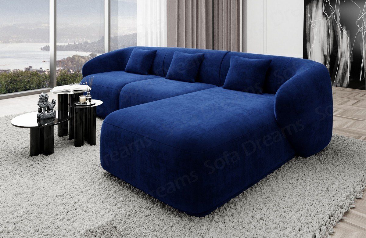 Sofa Dreams Ecksofa Design Couch Polster Samtstoff Sofa Marbella L Form kurz Stoffsofa, Loungesofa mit mane dunkelblau77