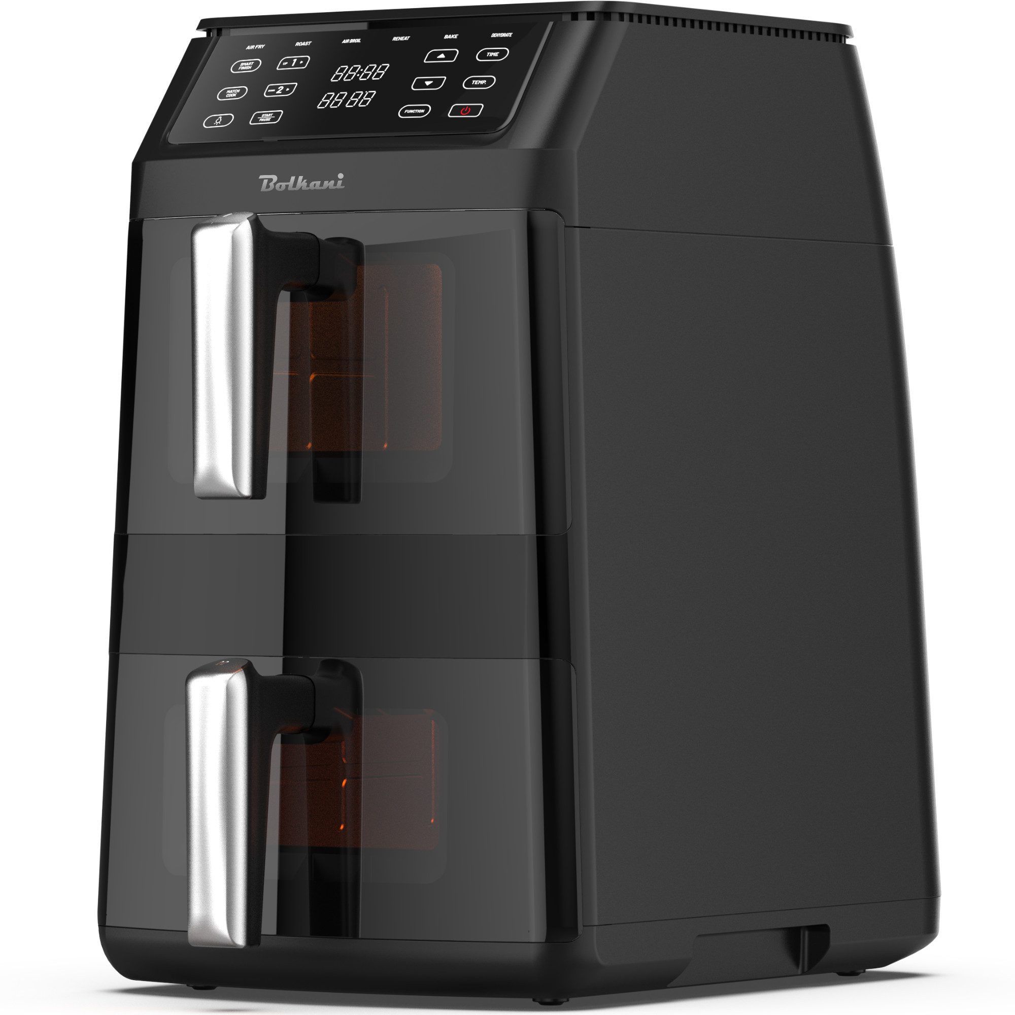 Bolkani Heißluftfritteuse AF1102T, 2500 W, Doppelkammer mit 11 L Volumen und Sichtfenster