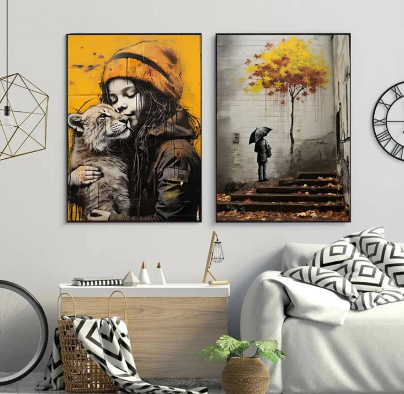 TPFLiving Kunstdruck OHNE RAHMEN, Bangsy Art- Graffiti Kunst - Street Art - (Leinwandbild XXL), Farben: Farben: Weiß, rot, blau, beige - Größe: 20x30cm