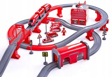 LEAN Toys Spielzeug-Lokomotive Feuerwehr Stadtbahn Feuerwehrstadt Zugstrecke Spielzeug Feuerwehrwache
