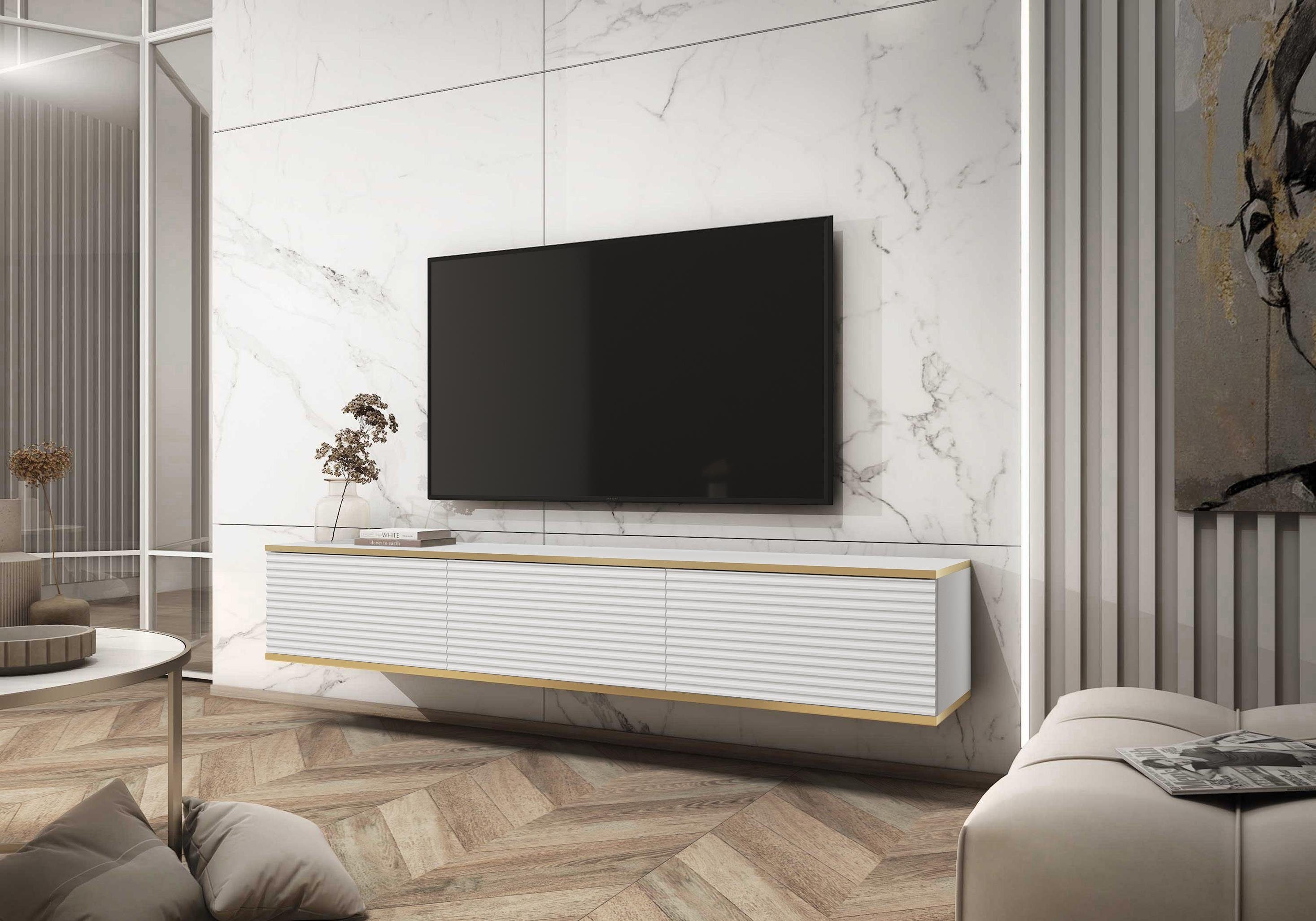 Furnix TV-Schrank LIWIA 175 MDF TV-Board, Sideboard mit Zierleisten in Gold, 3 Türen B175 x H30 x T32 cm Weiß/Gold | TV-Schränke