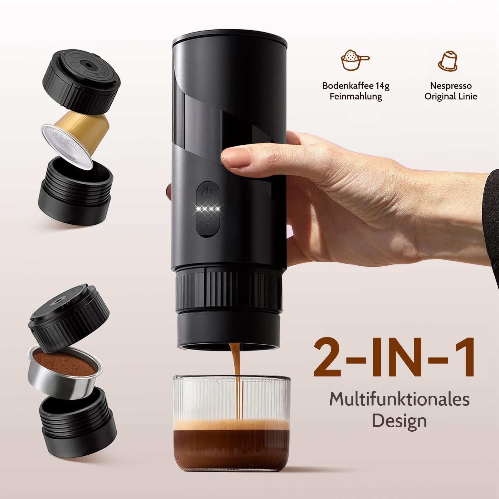 Tekoo Reisekaffeemaschine Tragbare Espressomaschine 20 Bar Akku, für Kapsel & Pulver, USB-C, Dauerfilter Spezialgröße, 20 Bar Pumpendruck, 2-in-1 System für Kapseln und Pulver, Kompaktes