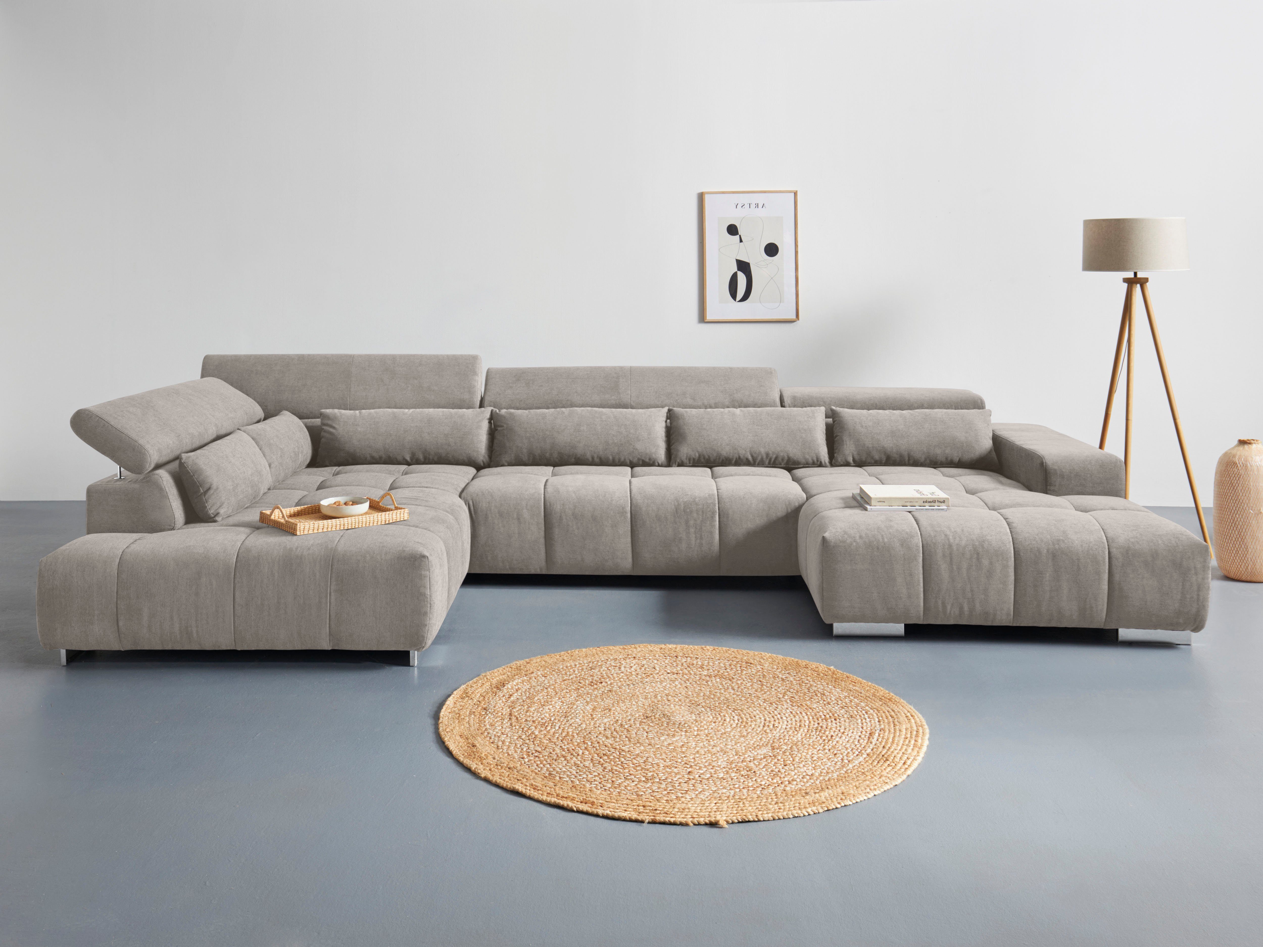 COTTA Wohnlandschaft Orion U-Form, B: 409 cm, mit Kopfteilverstellung & 6 Nierenkissen
