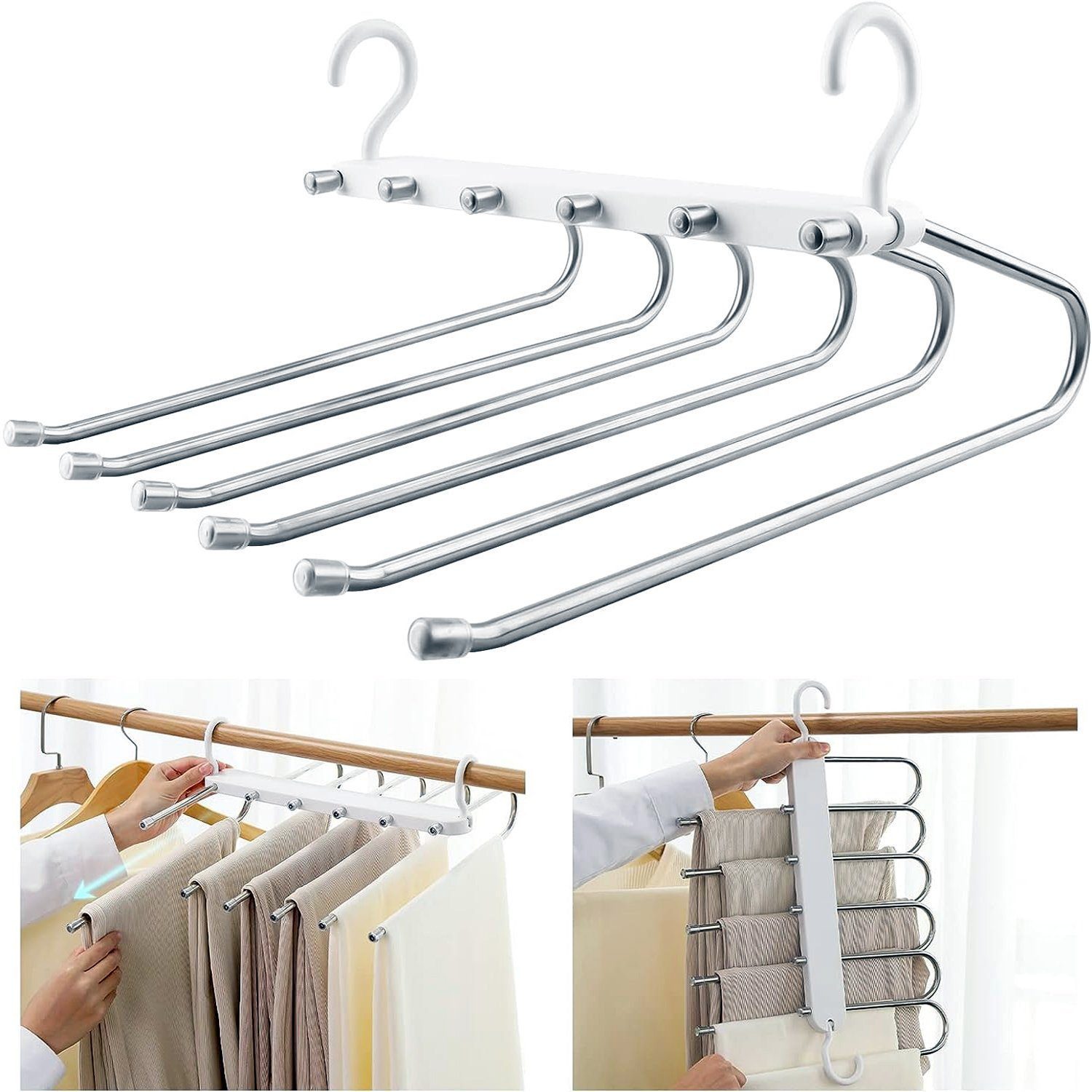 POPOLIC Kleiderbügel Mehrfach-Kleiderbügel Raumsparbügel 6 in1 Edelstahl-2set, (Edelstahl Hosenbügel, faltbar & verstellbar, 2-tlg), rutschfest & spurlos, mehrstufiger Kleiderschrank-Organizer