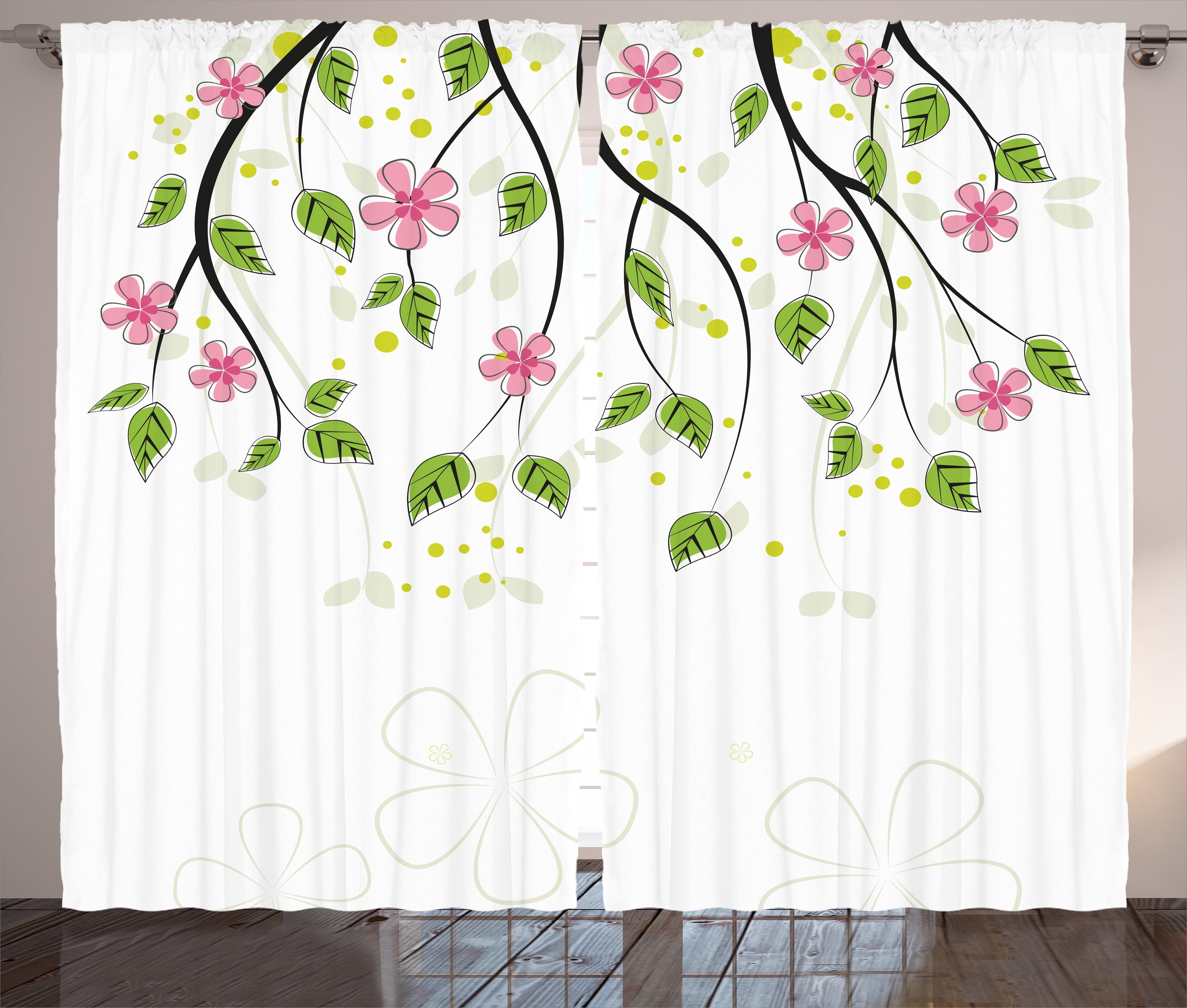 Gardine Schlafzimmer Kräuselband Vorhang mit Schlaufen und Haken, Abakuhaus, Blumen Zweig mit Blumen | Fertiggardinen