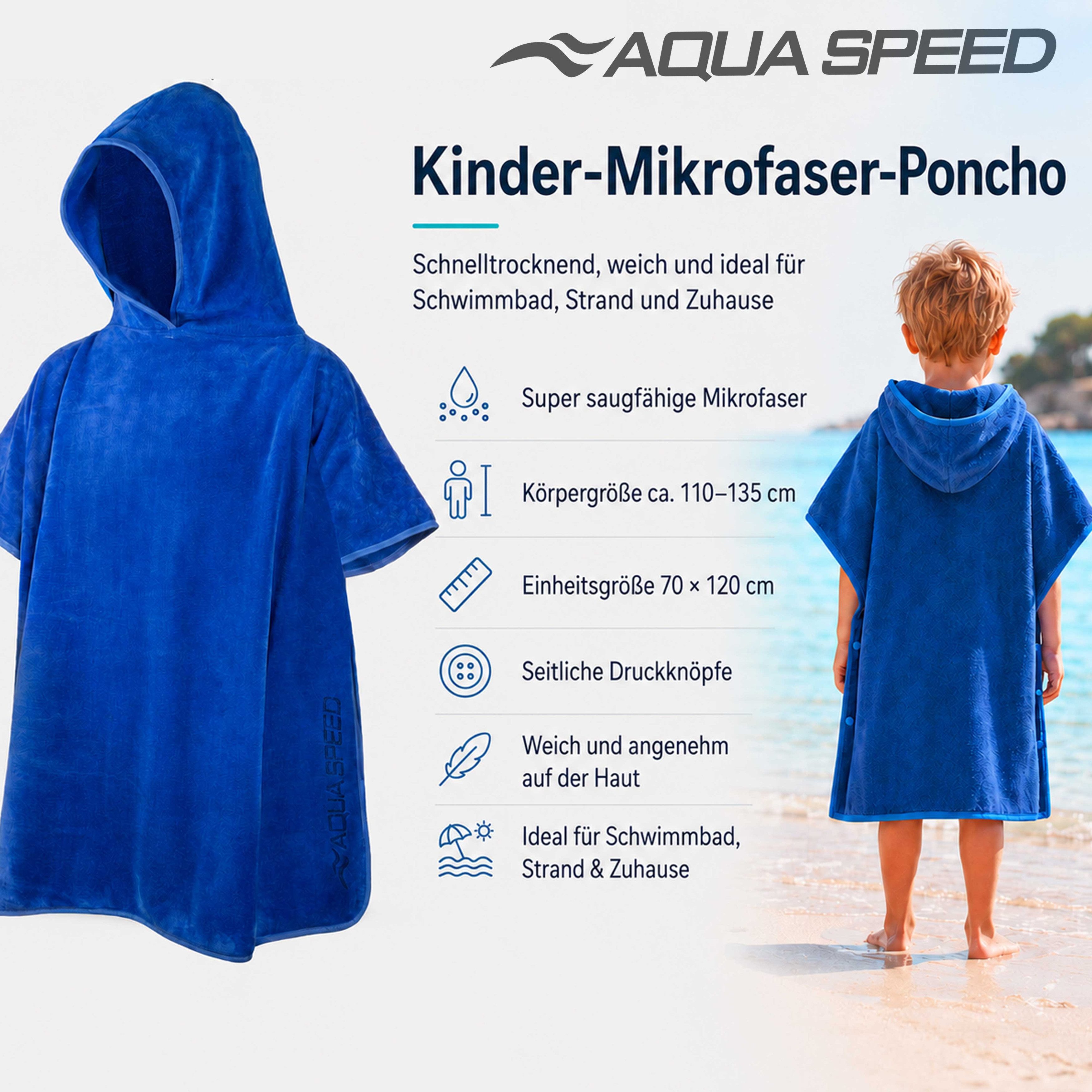 Aqua Speed Kapuzenhandtuch Kinder Poncho Handtuch – Badeüberwurf für Training & Freizeit, (Größe 80 x 140 cm – Grammatur 400 g/m), Hilft beim Warmhalten während – Bild 3 von 5