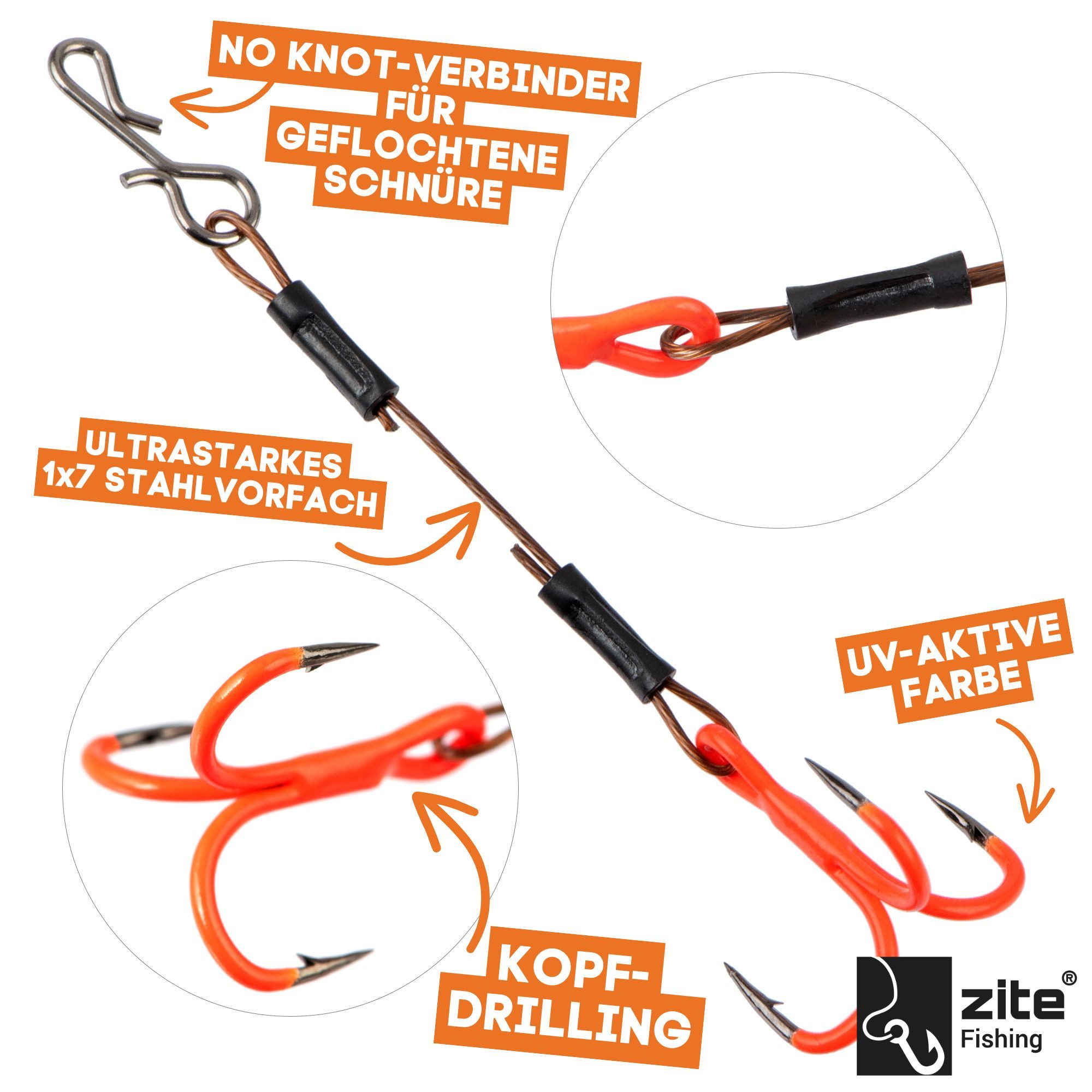 Zite Drillingshaken Angsthaken System #6, #8, #10 UV-Aktiv Fertigmontage Raubfisch-Angeln
