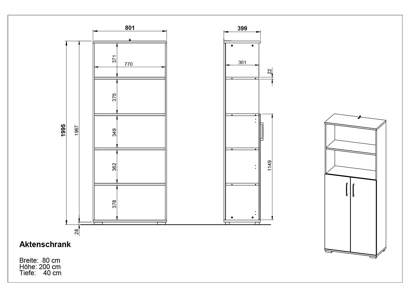 in 416 Aktenschrank (BxHxT: 2 80x200x40 Einlegeböden und mit grau, anthrazit cm) Türen 4 möbelando