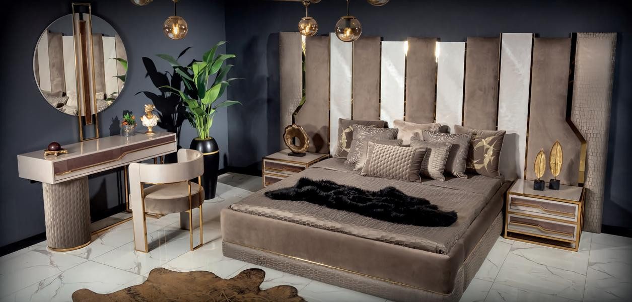 JVmoebel Komplettschlafzimmer Luxuriöses Schlafzimmer Set mit Holzoptik und Spiegel, (5-tlg), Made in Europa