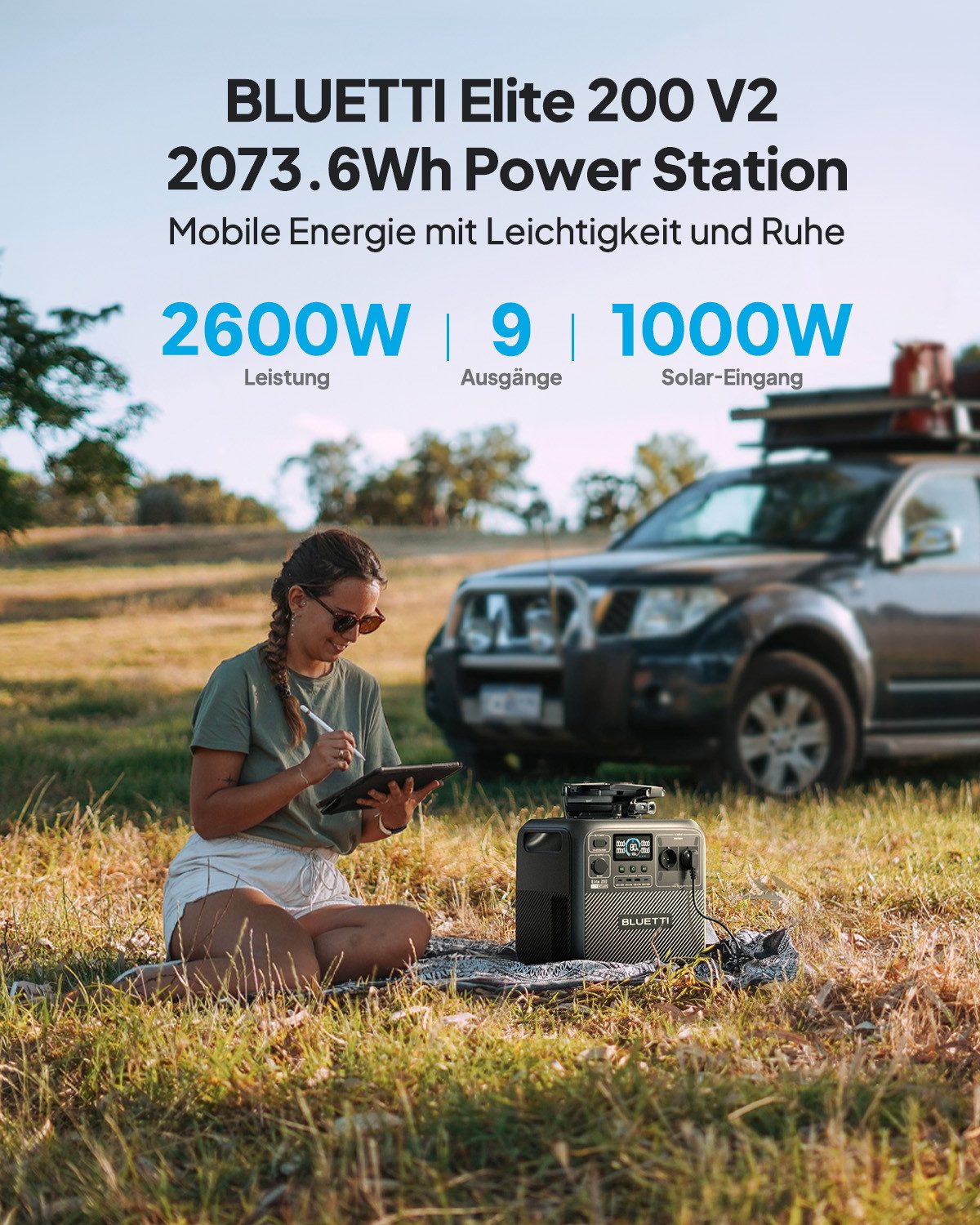 BLUETTI Stromerzeuger Elite 200 V2 2600W/ 2073,6Wh Tragbare PowerStation (2025 Neu), 2,6 in kW, (LiFePO4 Batterie-Backup mit 2 AC Ausgängen (3900W Power Lifting), 17 Jahre Lebensdauer, Solargenerator für Camping, Off-grid