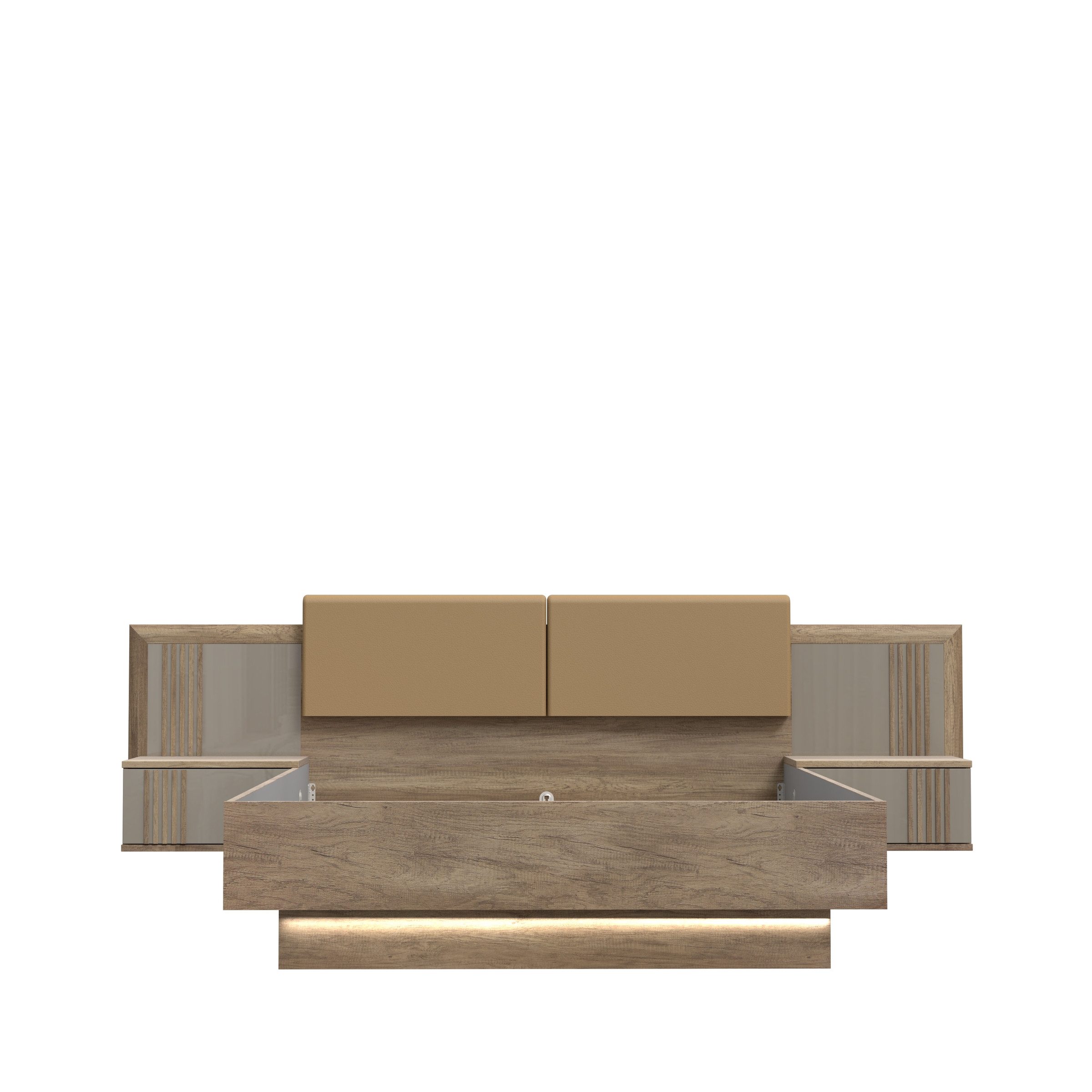 PREISBRECHER Bettanlage SAVONA, mit LED, Eiche Antik Dekor / Beige Glanz - 290,1x97,5x206,6cm (BxHxT)