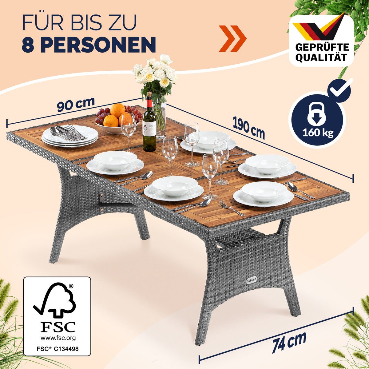 Casaria Gartentisch (1-St), Polyrattan mit Ablage FSC®- zertifiziertes Akazienholz 190x90x74cm