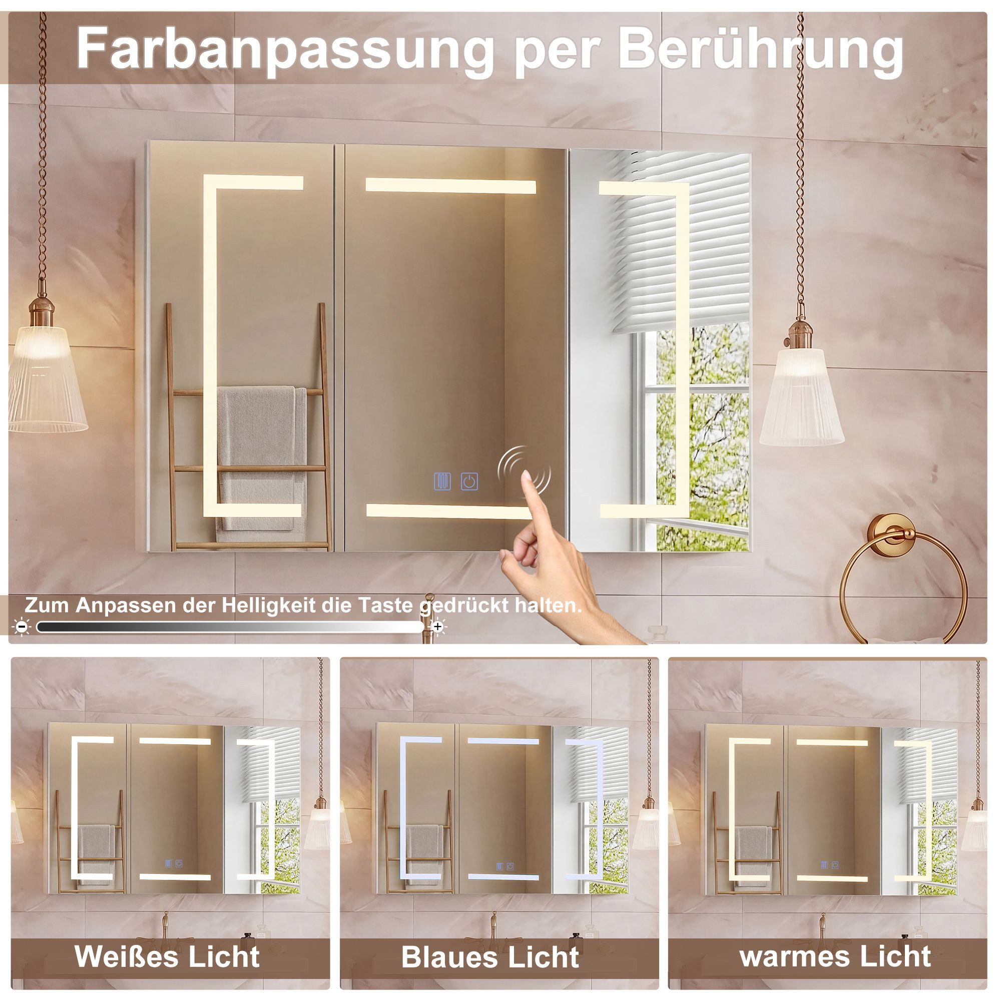 Gdood Badezimmerspiegelschrank Spiegelschrank Doppeltür Hängeschrank mit LED (1-St., Einstellung der warmen und kalten Farbtemperatur 3000/4500/6400K) inkl. Ste – Bild 3 von 5