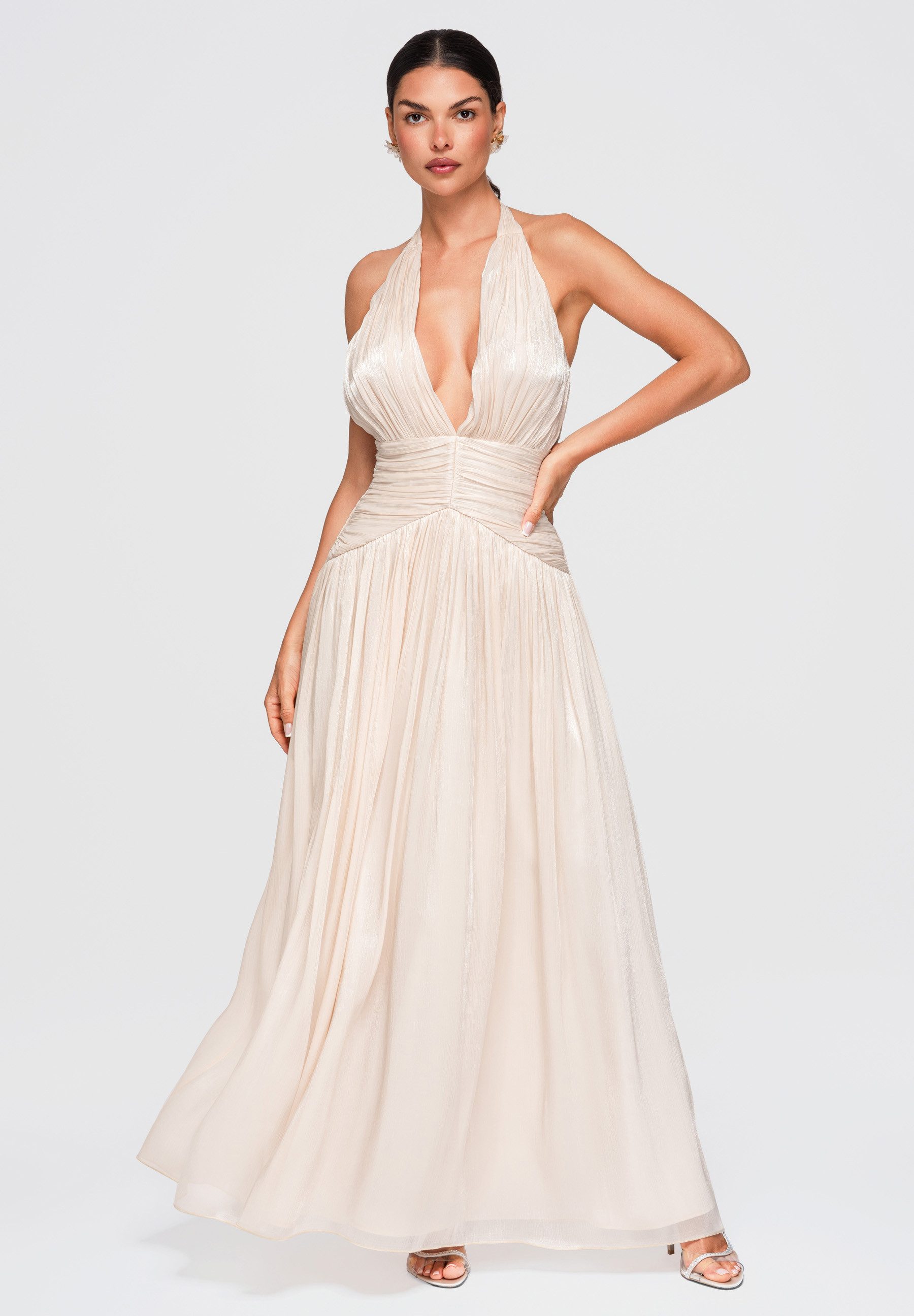 OMBRE Abendkleid Damen Abendkleid Maxikleid mit tiefem V-Ausschnitt Creme M (kein Set, 1-tlg) in Unifarbe