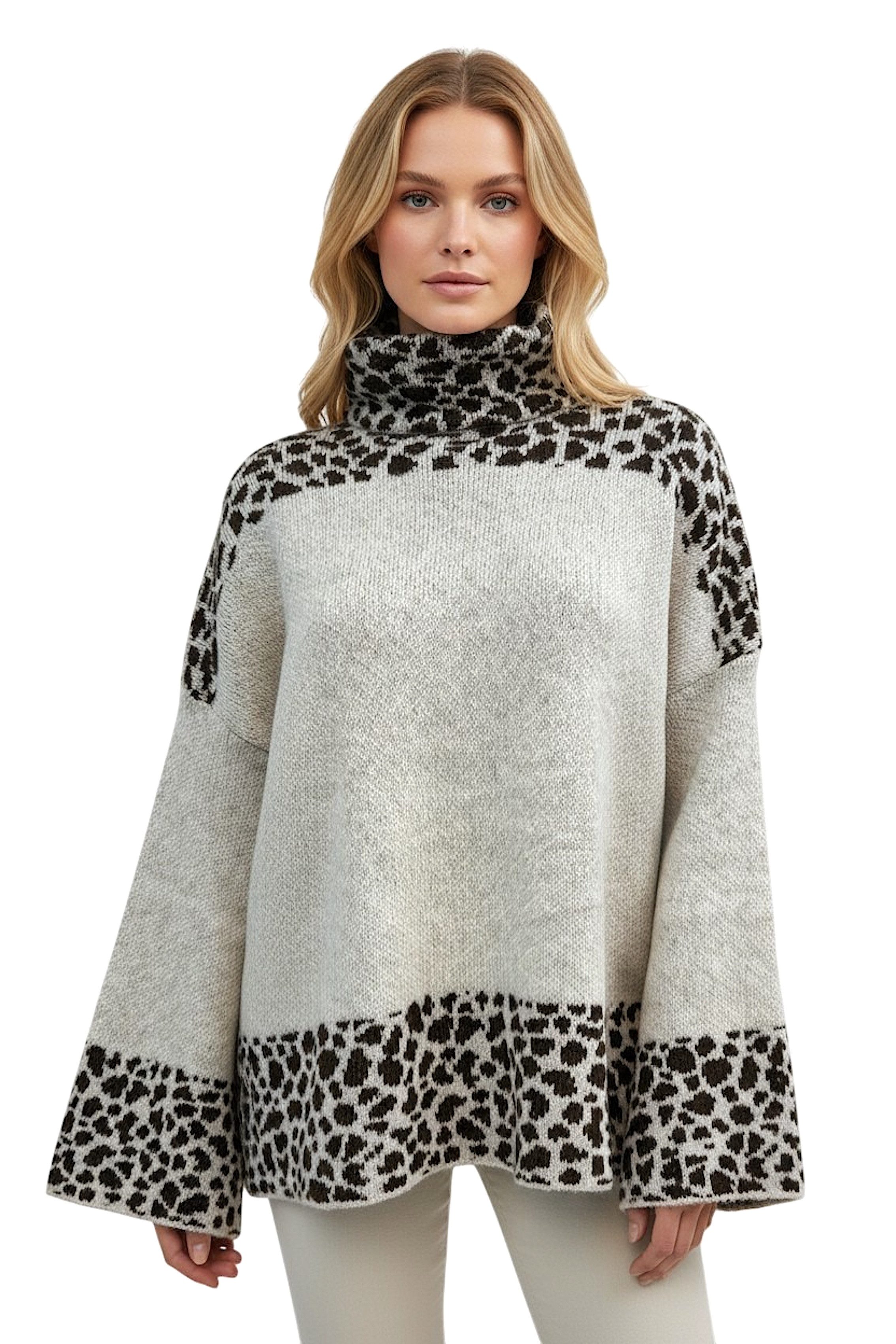 Worldclassca Longpullover WORLDCLASSCA Damen Oversize Strickpulllover Lang Uni + Leopard Muster Neue Kollektion - Stilvolle und gemütliche Strickmode für Damen