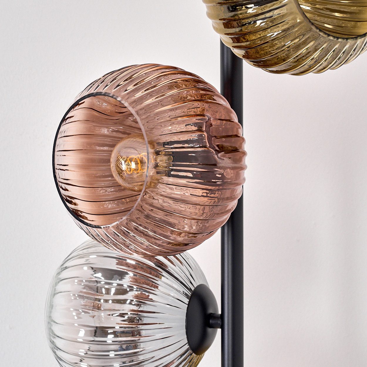 hofstein Stehlampe Stehlampe aus Metall/Riffelglas, Schwarz/Kupfer/Rauch/Gold/Klar, E14, ohne Leuchtmittel, moderne Stehleuchte, Retro-Design, Ø Schirme 15cm, Fußschalter, 160cm