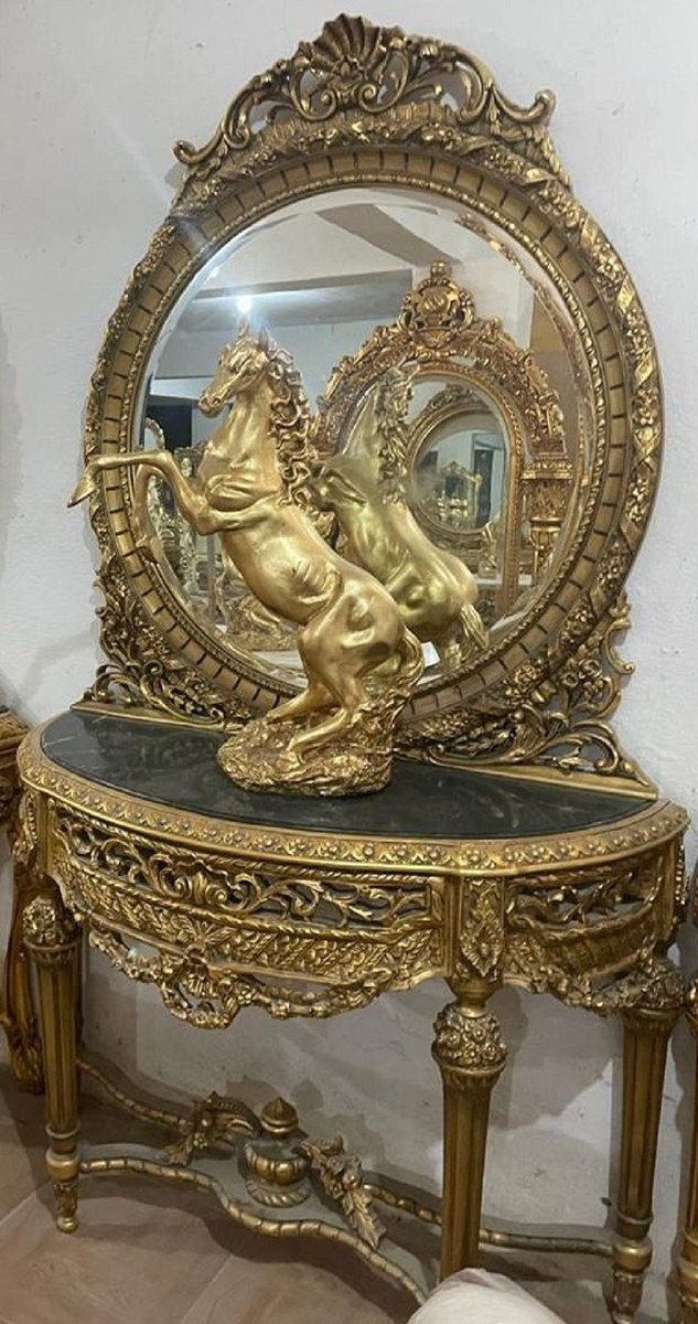 Padrino Handgefertigte Spiegel Gold Spiegelkonsole / Marmorplatte Prunkvolle mit Schwarz Barockspiegel - Barock Barock - Konsole Casa Barock Möbel mit