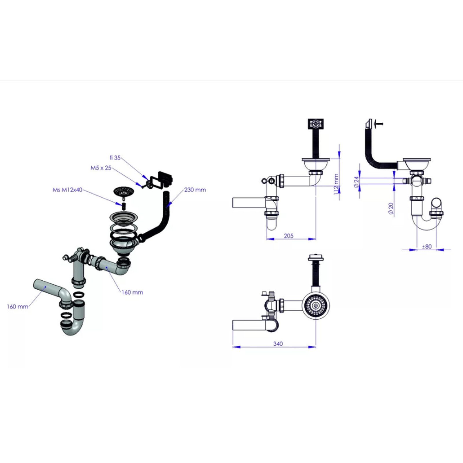 QLS Siphon Einbecken Manuell, 3 1/2 Zoll Ablauf für Einbecken Kunststoff