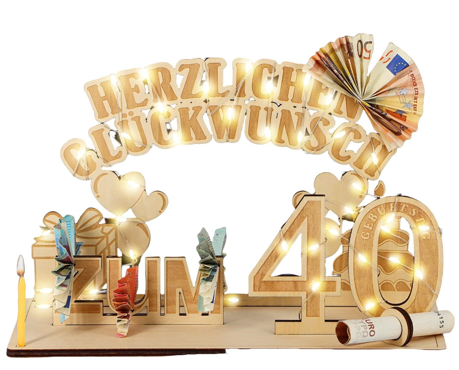 Coonoor Geschenkbox Geburtstag Geldgeschenke Holz mit LED Lichterkette, Deko Geburtstag