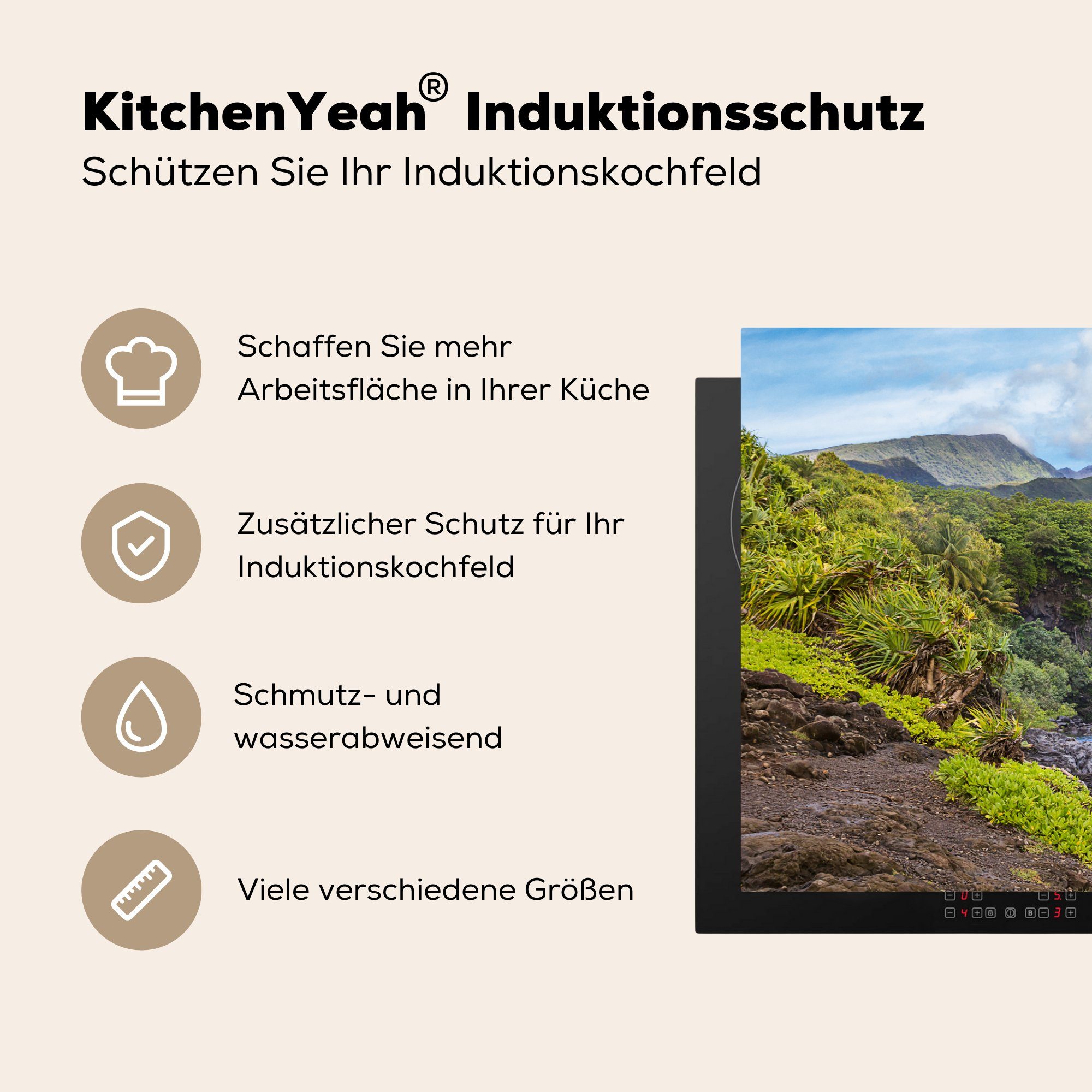 Vulkan Wasserfälle Herdblende-/Abdeckplatte (1 cm, 81x52 dem Induktionskochfeld Haleakala, Ceranfeldabdeckung tlg), die küche, Vinyl, Schutz MuchoWow für auf