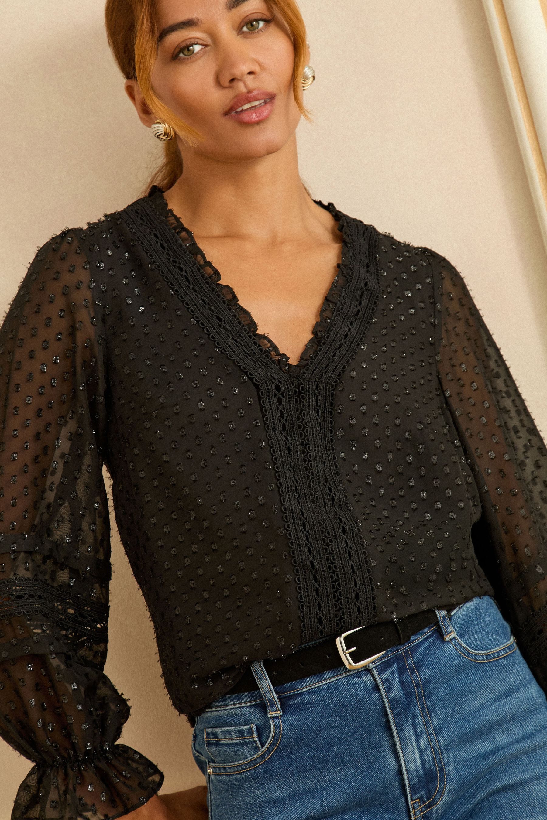 Love & Roses Langarmbluse Love & Roses Samtbluse mit Metallic-Look, Regular (1-tlg)