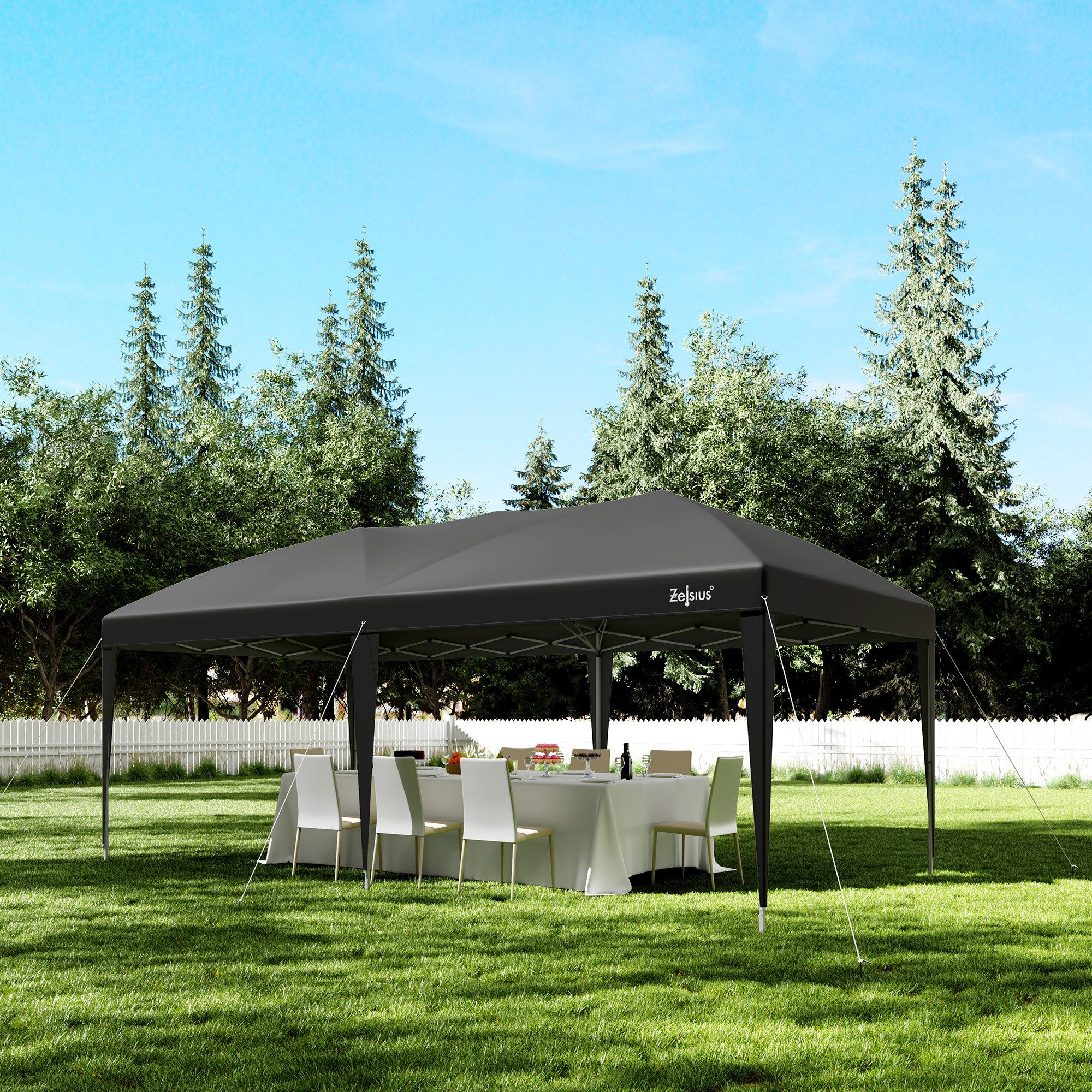 Zelsius Faltpavillon Faltbarer Pavillon 3 x 6 m, Schwarz, Pop-Up Faltpavillon, Gartenzelt, Löcher in den Füßen zur sicheren Befestigung mit Heringen