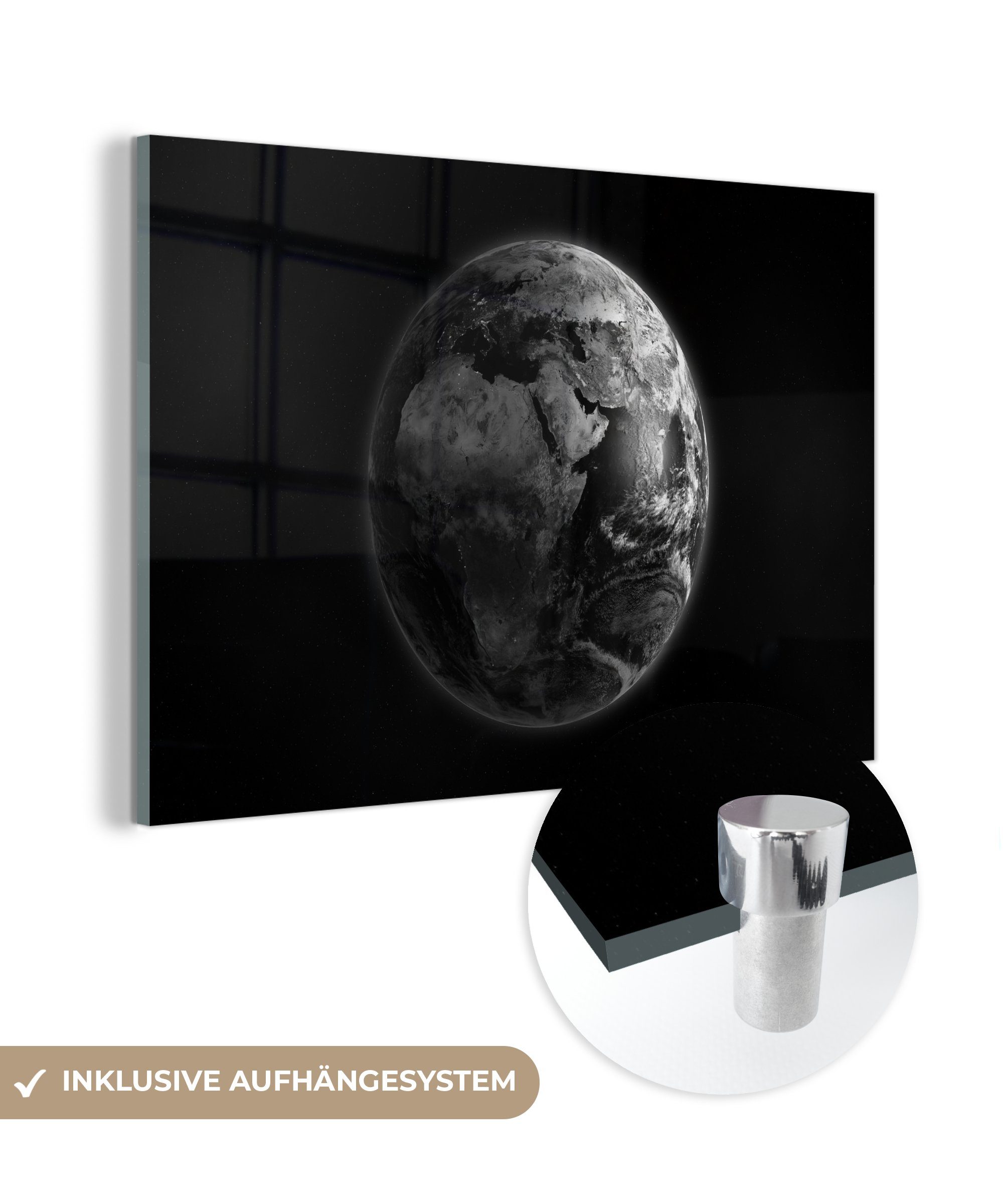 MuchoWow Acrylglasbild Erde - Planeten - Schwarz - Weiß, (1 St), Acrylglasbilder Wohnzimmer & Schlafzimmer
