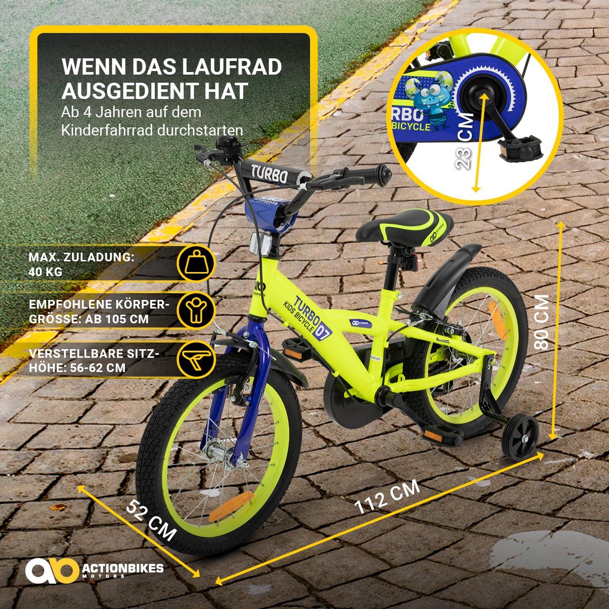 Actionbikes Motors Kinderfahrrad Kinder Fahrrad Turbo mit Stützräder, 1 Gang, ohne Schaltung, (16 Zoll, ab 105 cm Körpergröße, max. Zuladung 40 kg, Reflektoren, Stützräder, Klingel, Antirutschgriffe, Lenkerschutz, Kettenschutz, V-Brake-Bremse, Luftbereifung, Schutzbleche, gelb / blau), höhenverstellbares Bike Jungen Mädchen Kinderrad ab 4 Jahre
