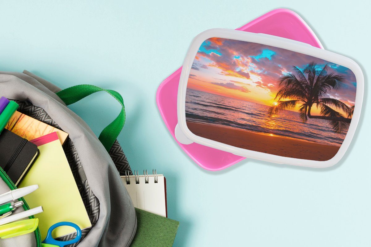 Sonnenuntergang Brotdose Horizont, Lunchbox Mädchen, für - Kunststoff Strand Snackbox, MuchoWow - Brotbox Erwachsene, rosa Kunststoff, - Palme Meer - (2-tlg), Kinder,