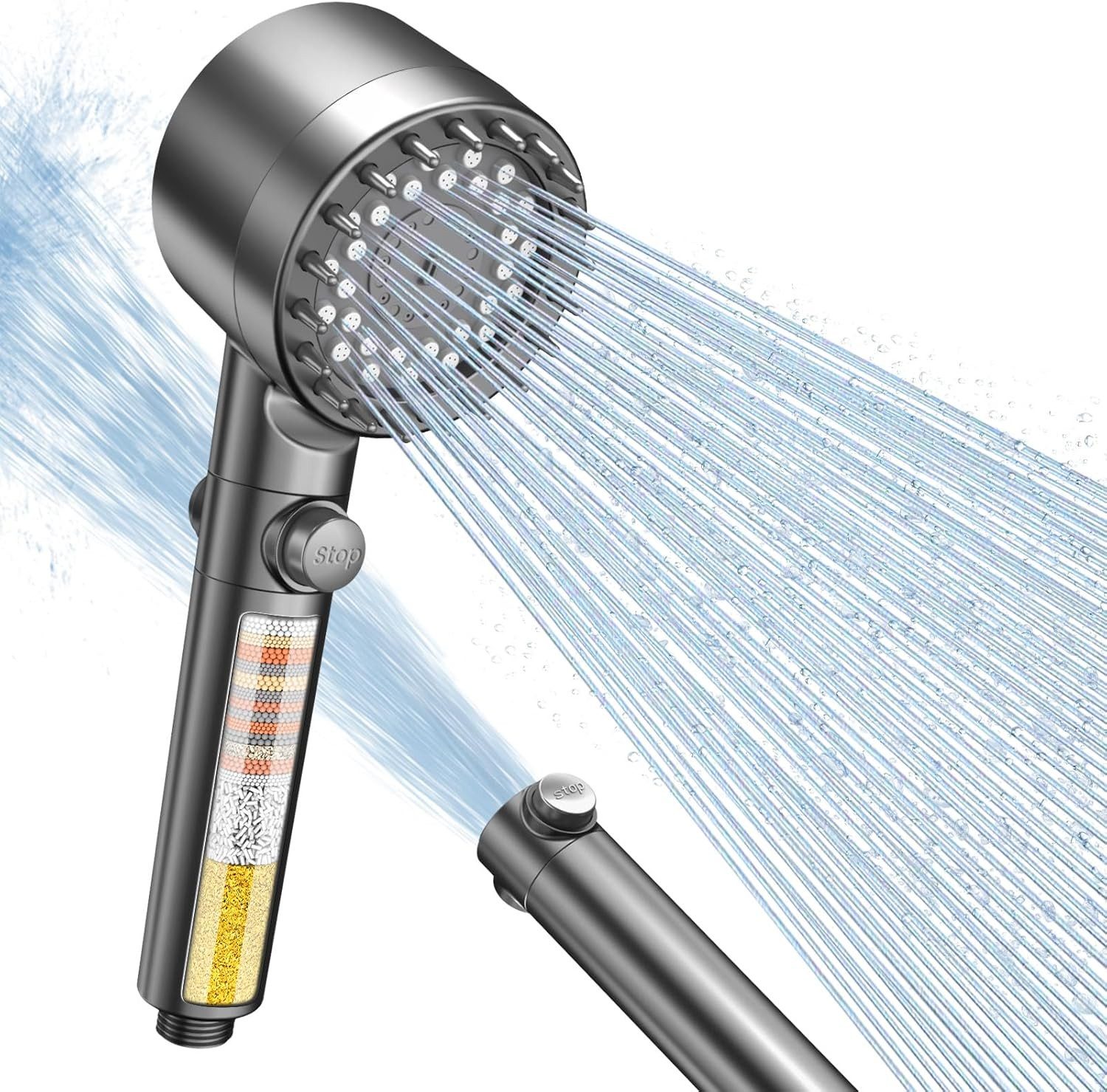 ibettertec Duschbrause Handbrause Duschkopf mit 15-stufigem Filter, 4 Strahlarten, (Hochdruck-Wassersparfunktion und Stopp-Taste, Handbrause mit, Anti-Kalk-Düsen zur), Reduzierung von Restchlor und für hartes), Wasser mit Hohem Druck(Duschkopf, Schlauch, Halterung,Montagematerial)