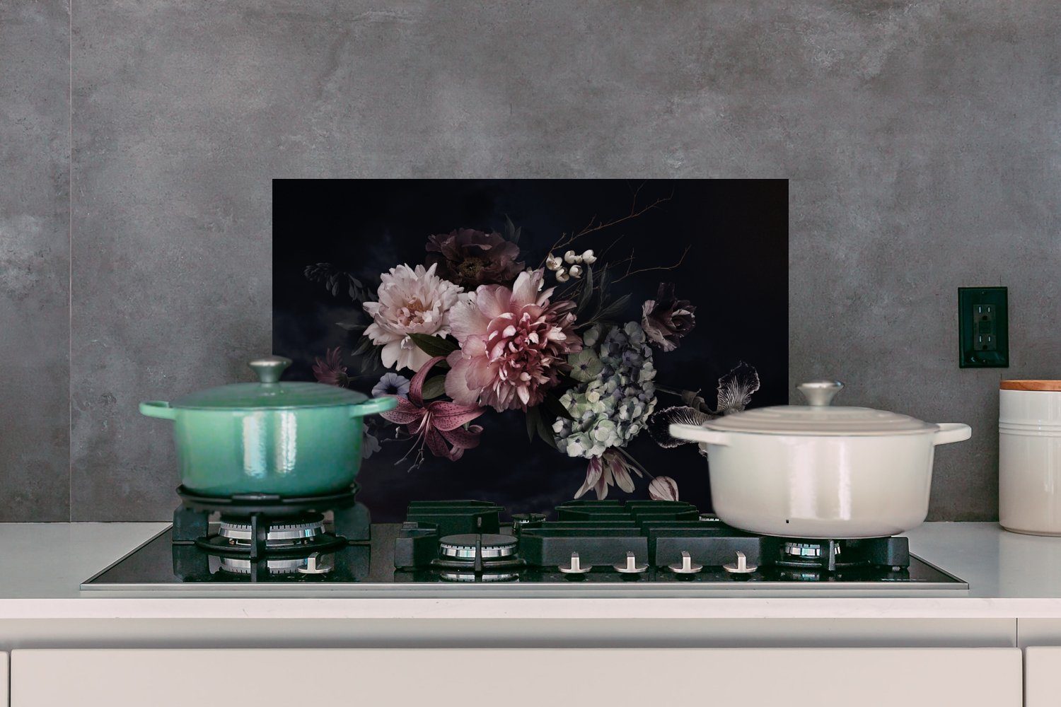 MuchoWow Vintage Wandschutz, (1-tlg), Temperaturbeständig Herdblende - küchen Küchenrückwand Schwarz 60x40 aus cm, Blumenstrauß, - Pastell - - Blumen