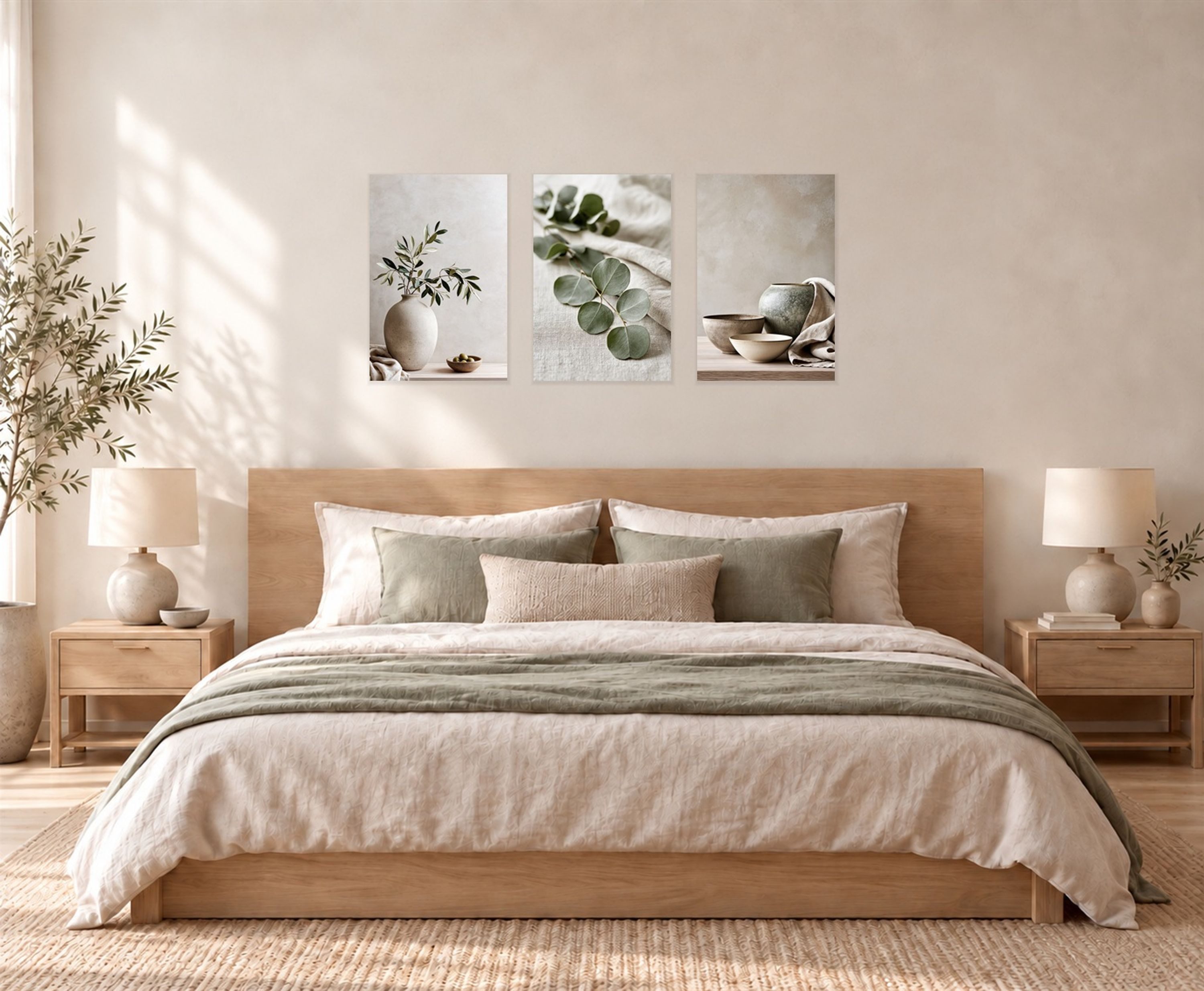 artissimo Mehrteilige Bilder Bilderset 3er-Set, Wandbilder-Set, Bilderwand, Wanddeko Japandi, Stillleben: Eukalyptus und Vasen in Beige und Grün – Bild 3 von 5