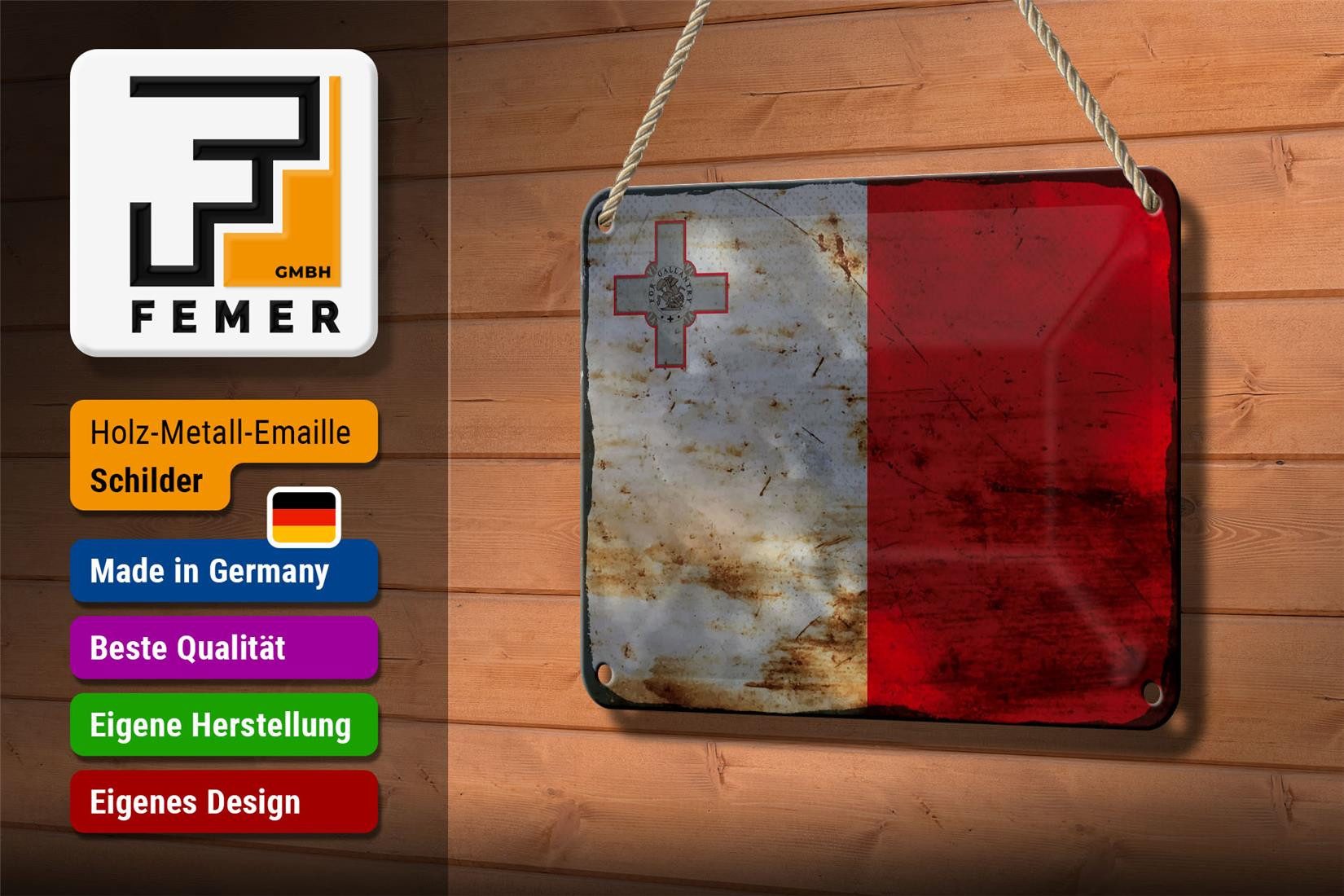 Femer GmbH Metallschild Flagge Malta 18x12cm Flag of Malta Rost, (1 St), gewölbte Oberfläche, abgerundete Ecken, umgeschlagene Kanten