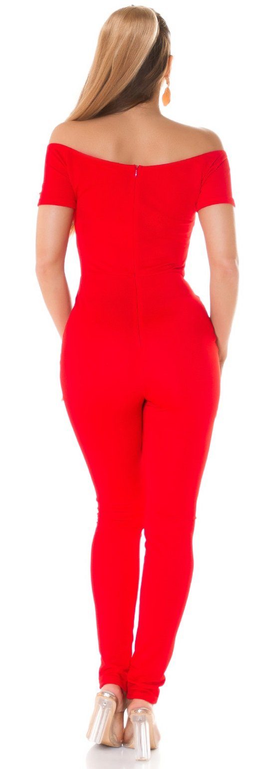 mit rot Carmen-Ausschnitt, Abendmode Koucla eleganter Overall Jumpsuit einfarbig Business