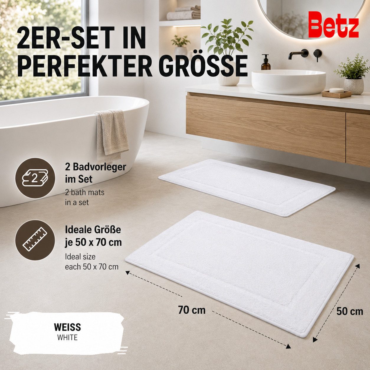 Betz Badematte 2 Stück Badvorleger Premium Badteppich Größe 50x70 cm, unbeschichtet, beidseitig nutzbar, beidseitig nutzbar, Baumwolle, Qualität 650g/m² – Bild 3 von 5